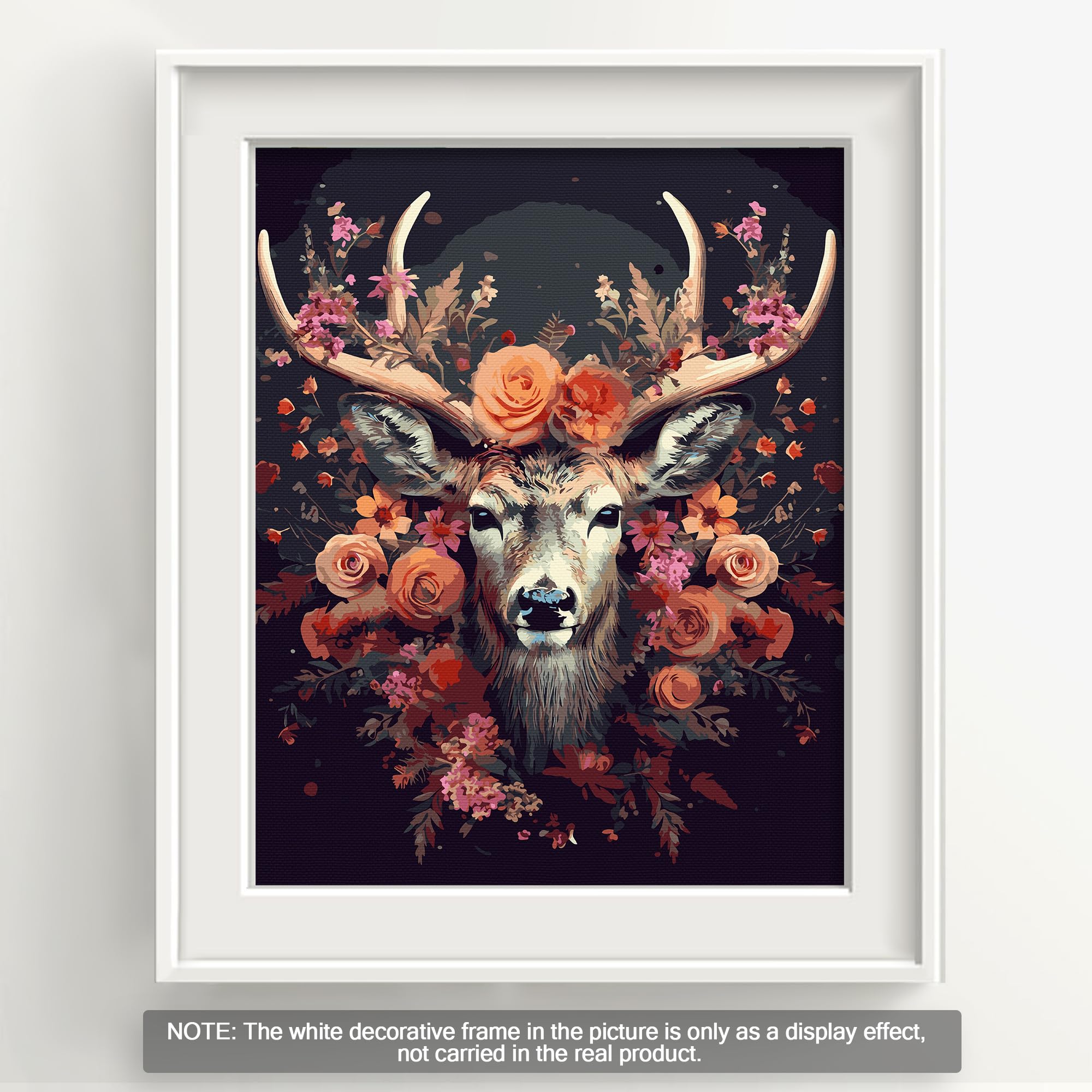 Bougimal Malowanie według liczb, dla dorosłych, zwierzęta, z ramką, łącznie z pędzlem i farbami akrylowymi - 40 x 50 cm, kwiat i jeleń 1