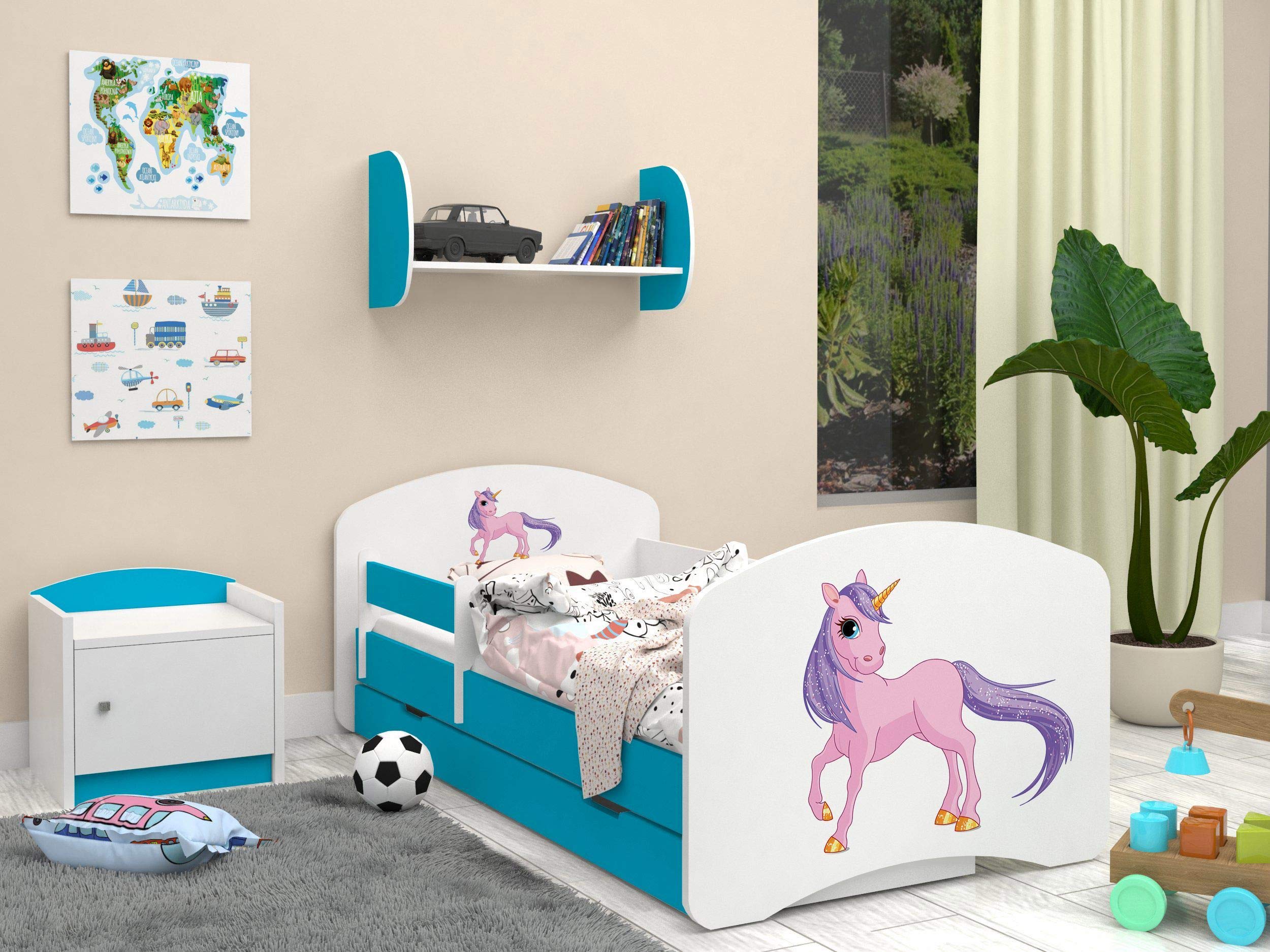 Happy Babies – dwustronne łóżko dziecięce z szufladą, nowoczesne wzornictwo z bezpiecznymi krawędziami i zabezpieczeniem przed upadkiem, materac piankowy 7 cm, niebieski (jednorożec, 190 x 90)