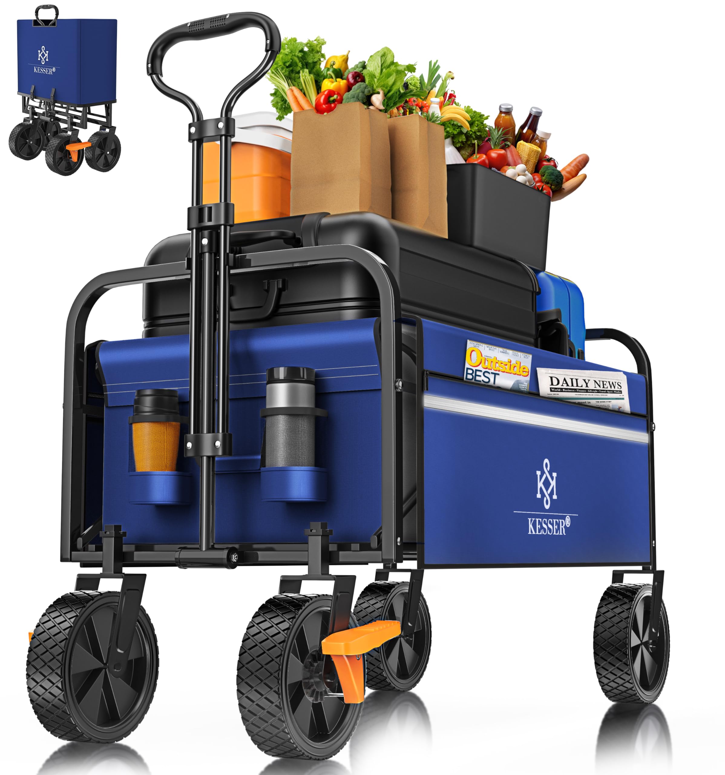KESSER® Carro Plegable de Mano, de Equipamiento, Incluye 2 Bolsillos de Malla, neumáticos de Goma Maciza, Capacidad de Carga de hasta 80 kg