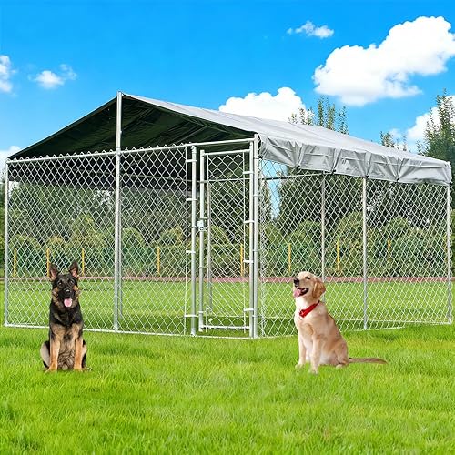 Miniatura 18 de Perrera grande para perros al aire libre con techo, perrera resistente con puerta con pestillo, cerramiento para perros de eslabones de cadena