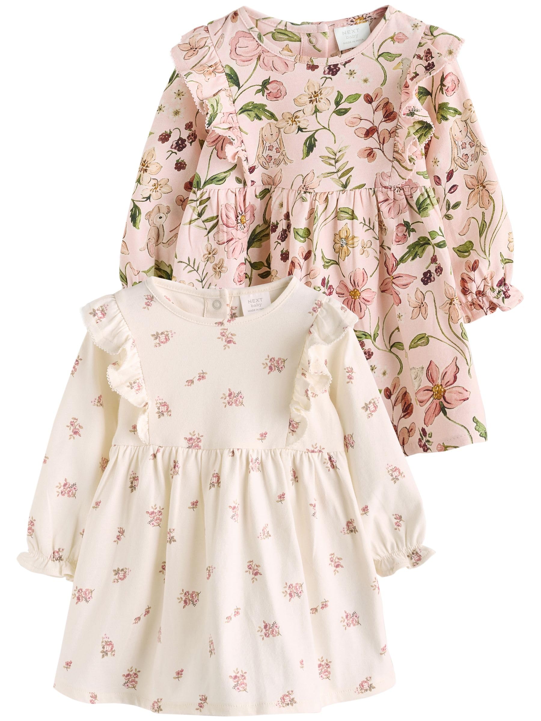 Next Baby Jersey Dresses 2er-Pack, Pink Floral & Cream Ditsy, Langarm-Top mit Rockteil