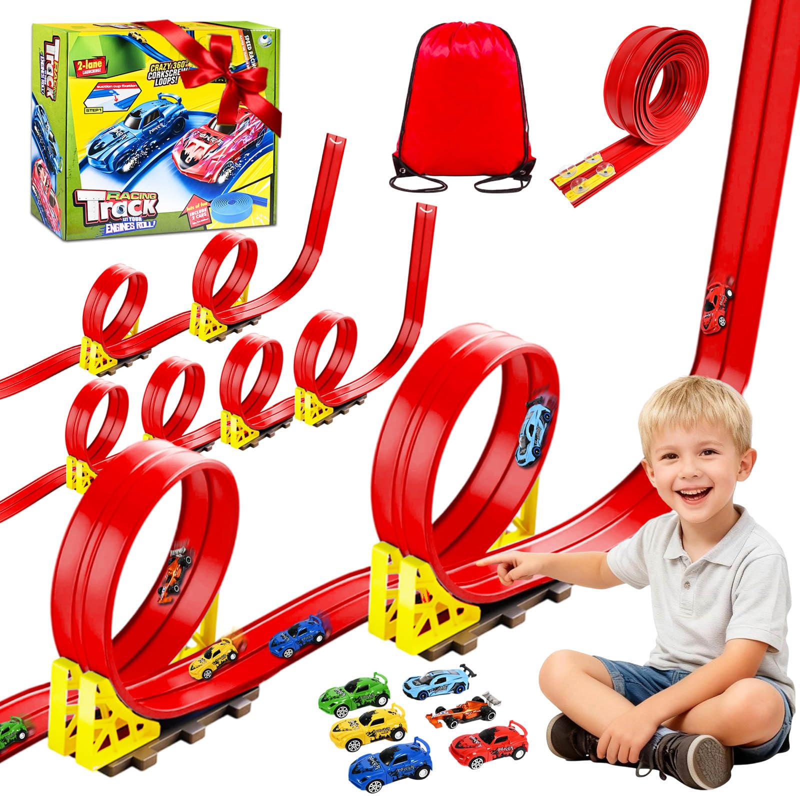 Rennbahn Kinder 5M, Autorennbahn Flexible mit 6 Autos, Rennstrecke Auto Autobahn Kinder Rollt Auf Dual Rennbahn Rampen, Autorennbahn Race Car Track für 1/64th Autos, Geschenk ab 3+ Jahr(Rot)
