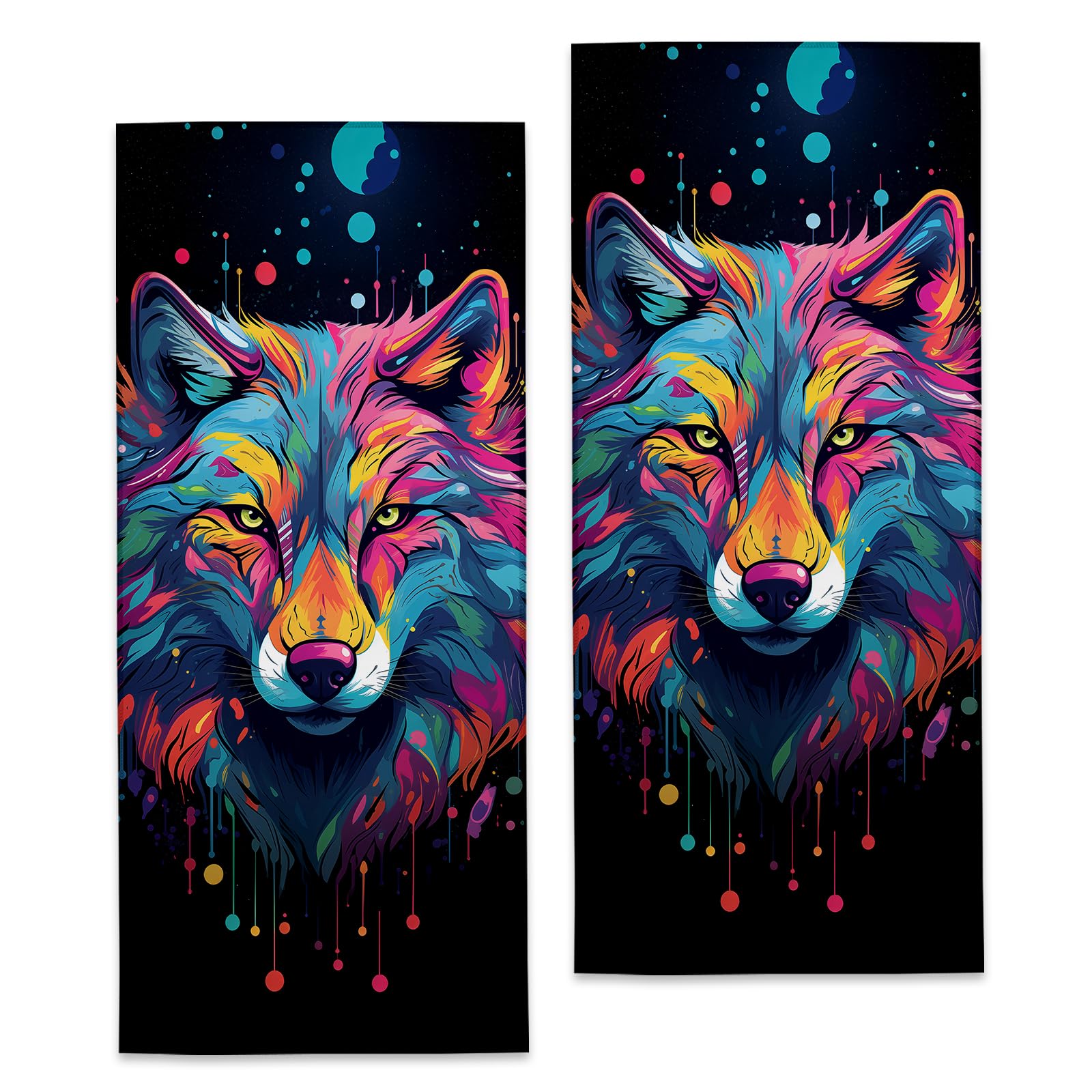 Turamurra Wolf Hand Towels - 2 Pack, 14.5" X 28", Soft Microfiber Polyester Bath Towel Set with Colorful Wolf, for Bathroom Kitchen Spa Hotel Decor