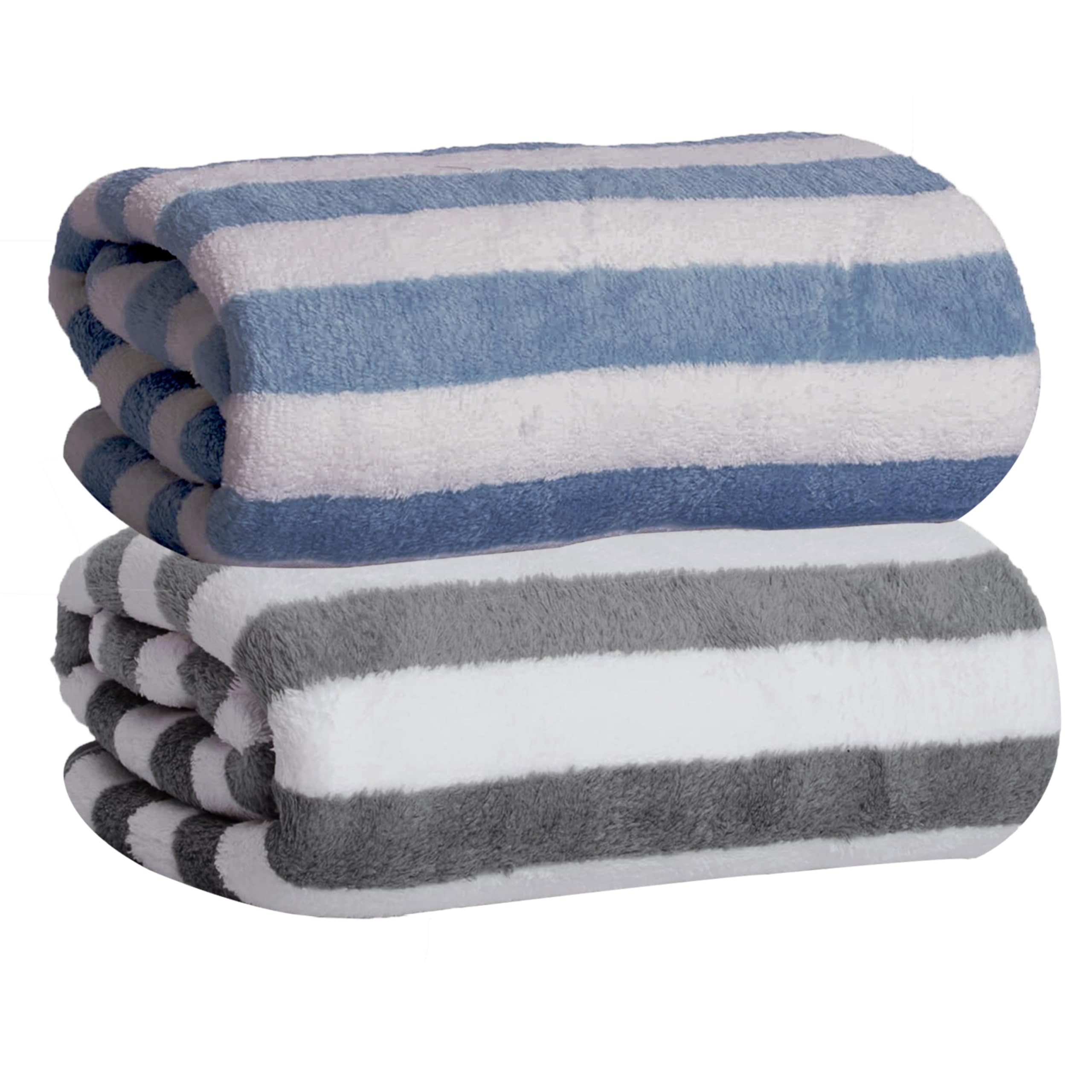 MAXOSHINE Microfiber Towels for Bath Large Size-Super Soft Coral Fleece Bathing Towel with Hook Quick Dry Super Absorbent-Bath Towel for Men and Women-70x140 cm (Blue/Grey, Pack of 2)