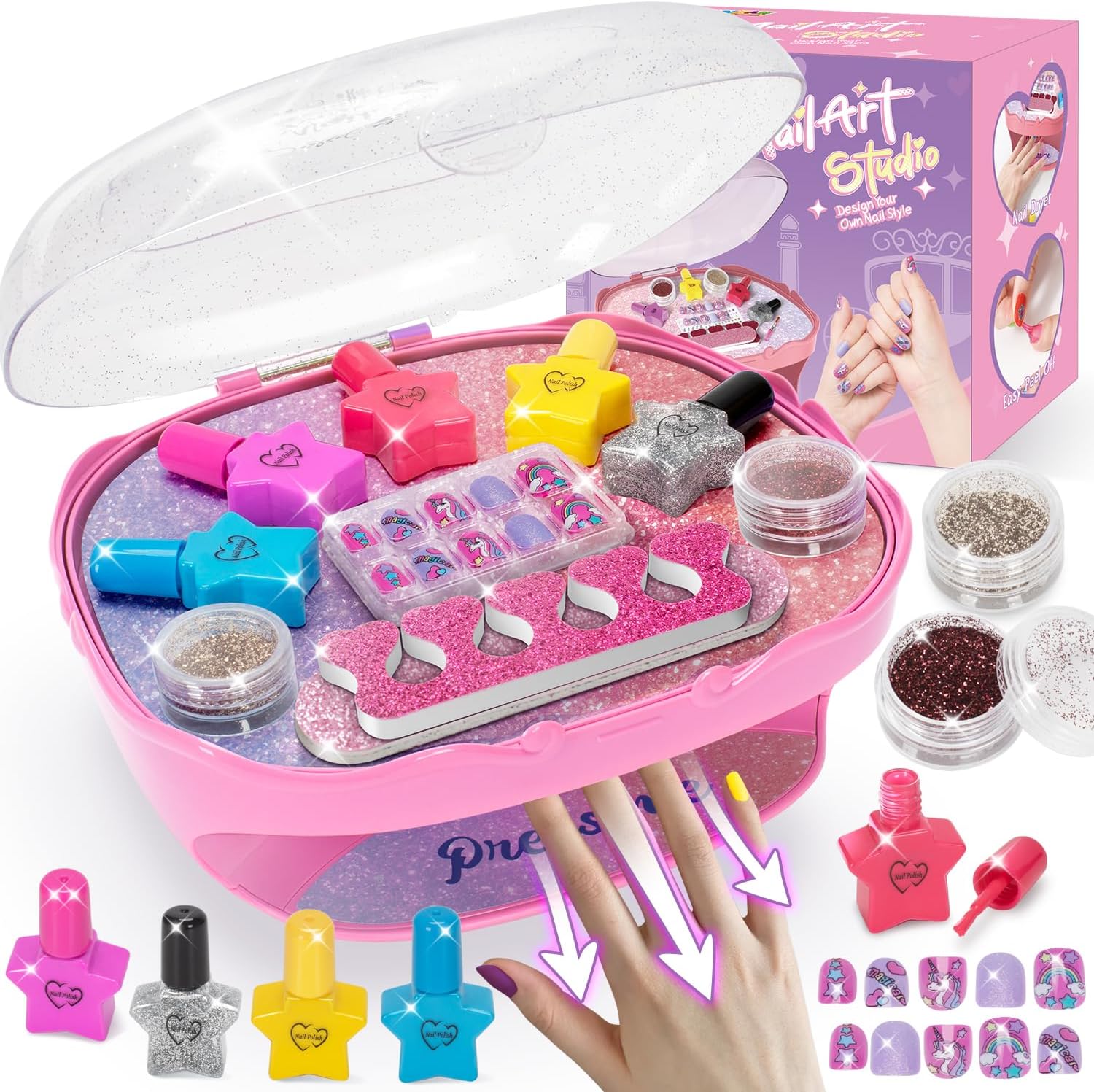 Girls Nail Polish Set, Toys for Girl Age 5 6 7 8 9 10, Nail Care Kit with Nail Polish, Nail Dryer, Fake Nails, nail Glitter, Filer and Toe Separator, Ideal Birthday Gifts for Girls 5-8