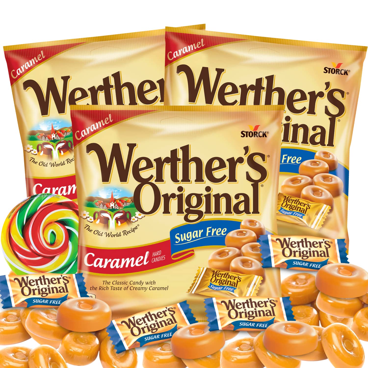 SweetzoWerther's Original Caramel Sugar Free Hard Candies, Individually Wrapped Snacks for Adults, Gift Basket Stuffers, Pack of 3, 1.46 Ounces