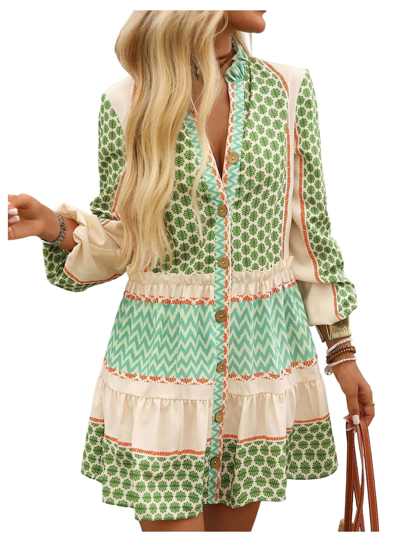 Women's Summer Printed Smocked Dresses Button Down Long Sleeve Flowy Vacation Mini Dress