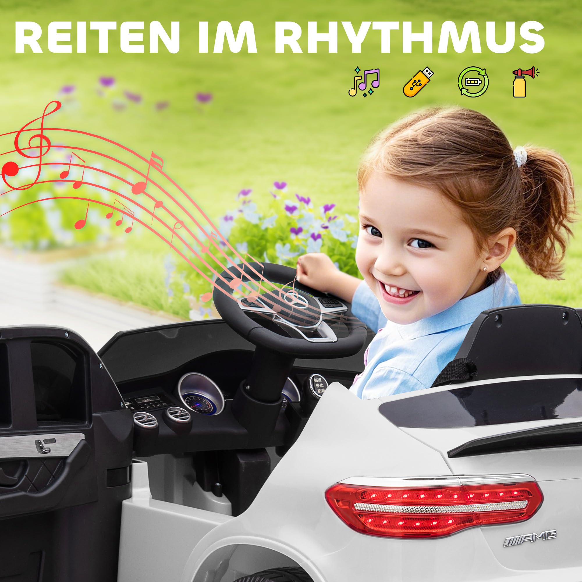 HOMCOM Kinderfahrzeug 12V Mercedes-Benz AMG GLC63S Coupe Weiß | Elektroauto mit Fernbedienung Sicherheitsgurt 2 x 35W Motoren MP3 37-60 Monate Schwarz 115 x 70 x 55 cm
