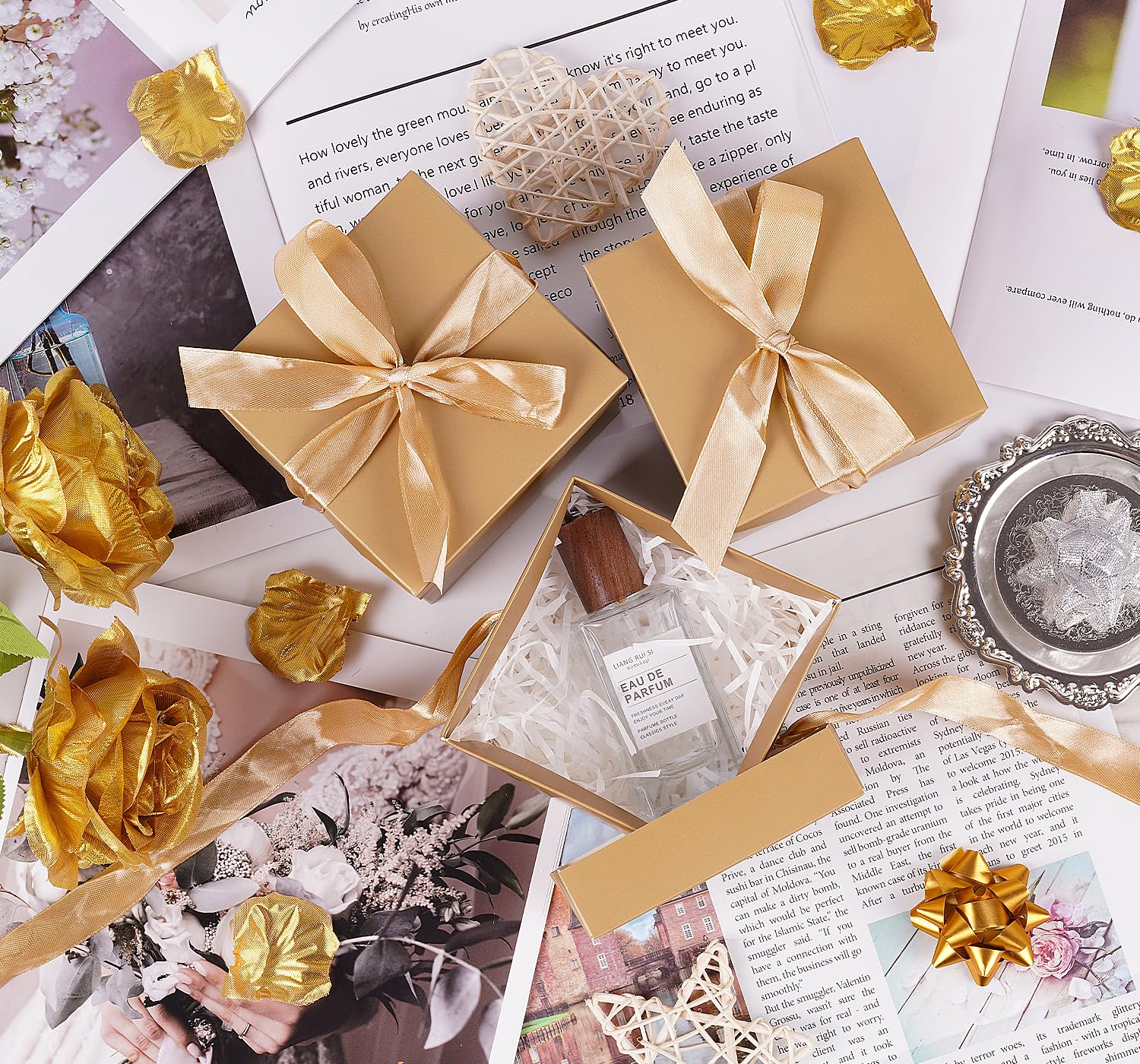Jaywayang Lot de 15 petites boîtes cadeaux carrées dorées avec couvercles, avec ruban pour mariage, fête
