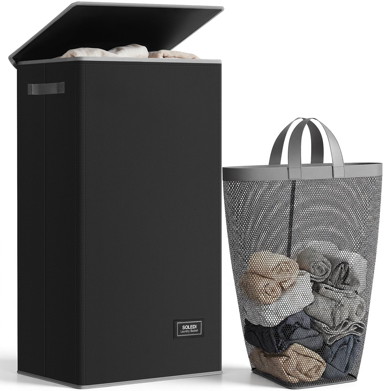 SOLEDI Cestas de lavandería con tapa de 100 L, cestas de lavado para ropa sucia con bolsa extraíble, cestas plegables para ropa sucia para dormitorios (negro)