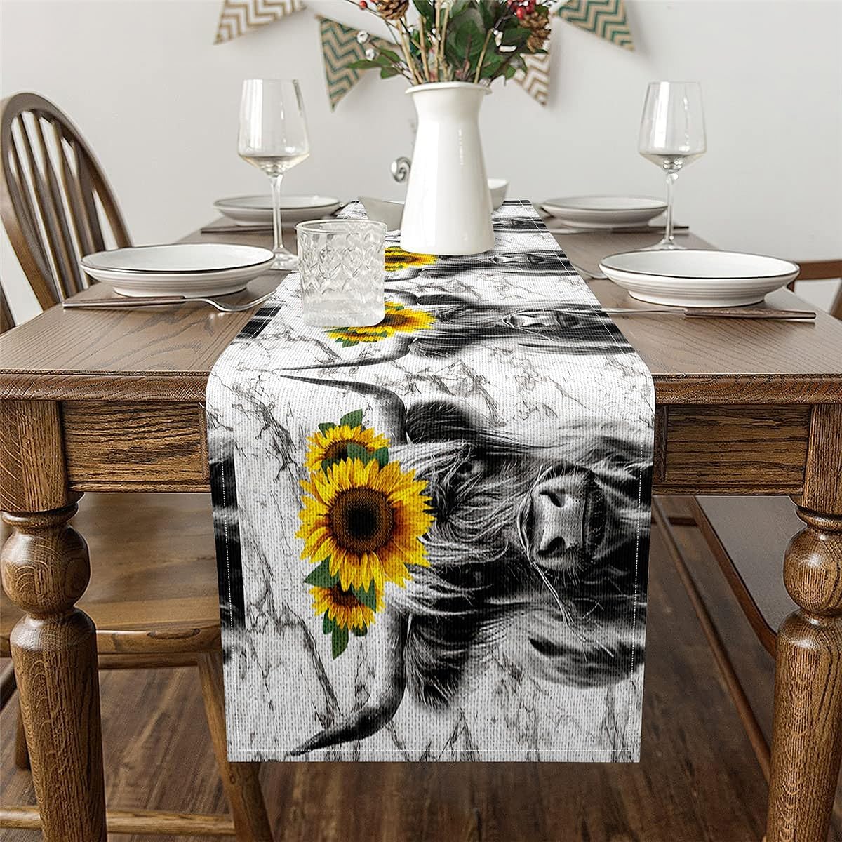 Erosebridal Highland Cow Table Runner 13x108, Sunflower Cattle Table Runners, Cow Flower for Living Room Bedroom, Gray Yellow Green Wildlife Farmhouse Animals Marble Rectangular Runner