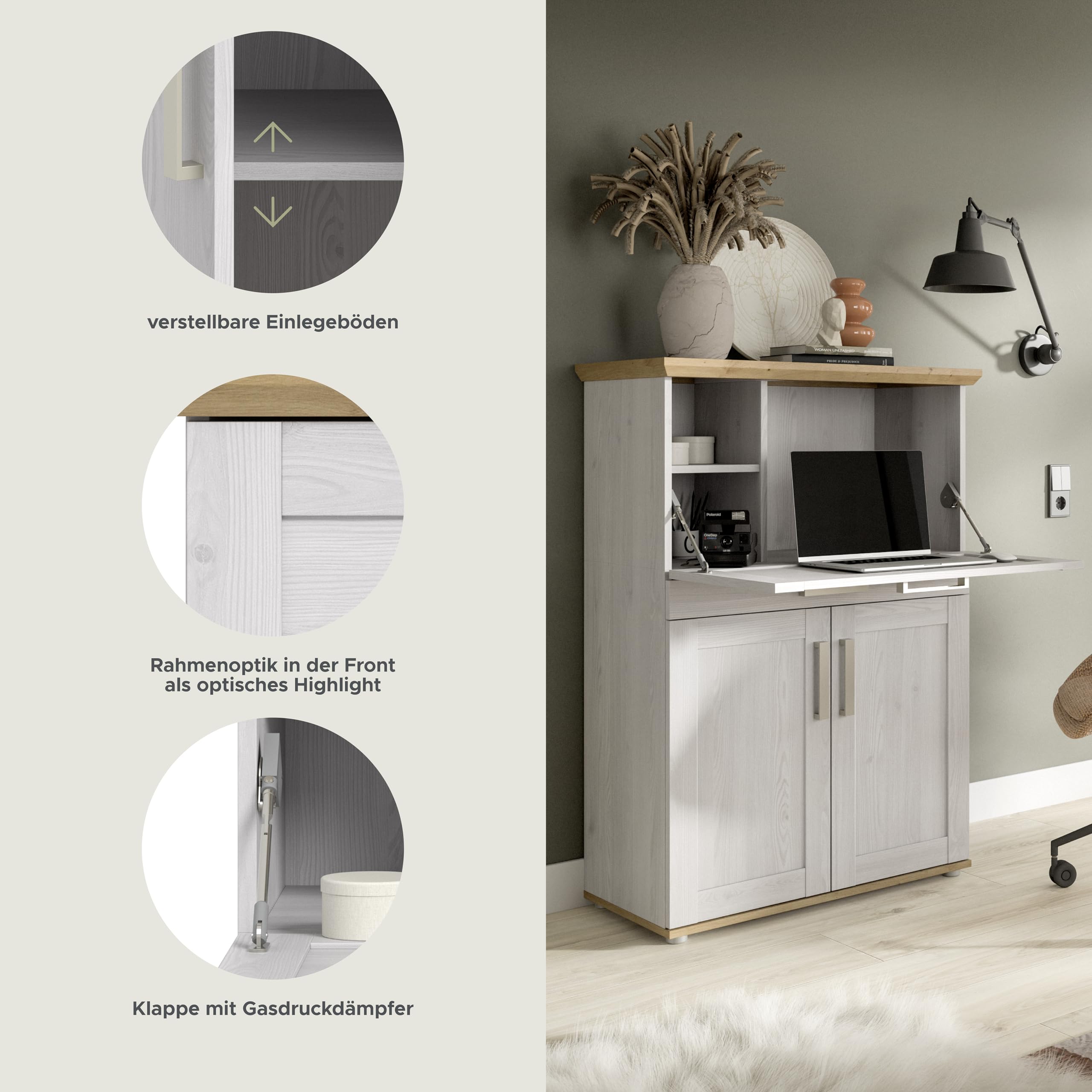 xonox.home – Sekretär Verona 84x122x42 cm in Sibiu Lärche & Artisan Eiche Nachbildung – Kompakter Arbeitsplatz mit 1 Klappe & 2 Türen – 5 Fächer bieten idealen Stauraum für Schreibutensilien & Post