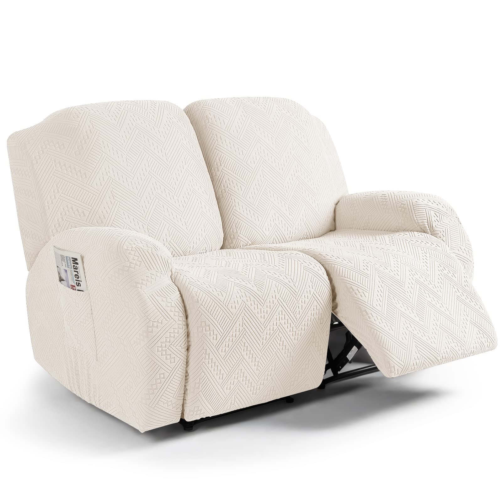Stretch Loveseat Recliner Covers 2-Pieces Reclining Couch Cover with Pockets Jacquard Recliner Sofa Covers 2 Seater Soft Washable Furniture Protector with Elastic Bottom (2 Seater, Ivory)