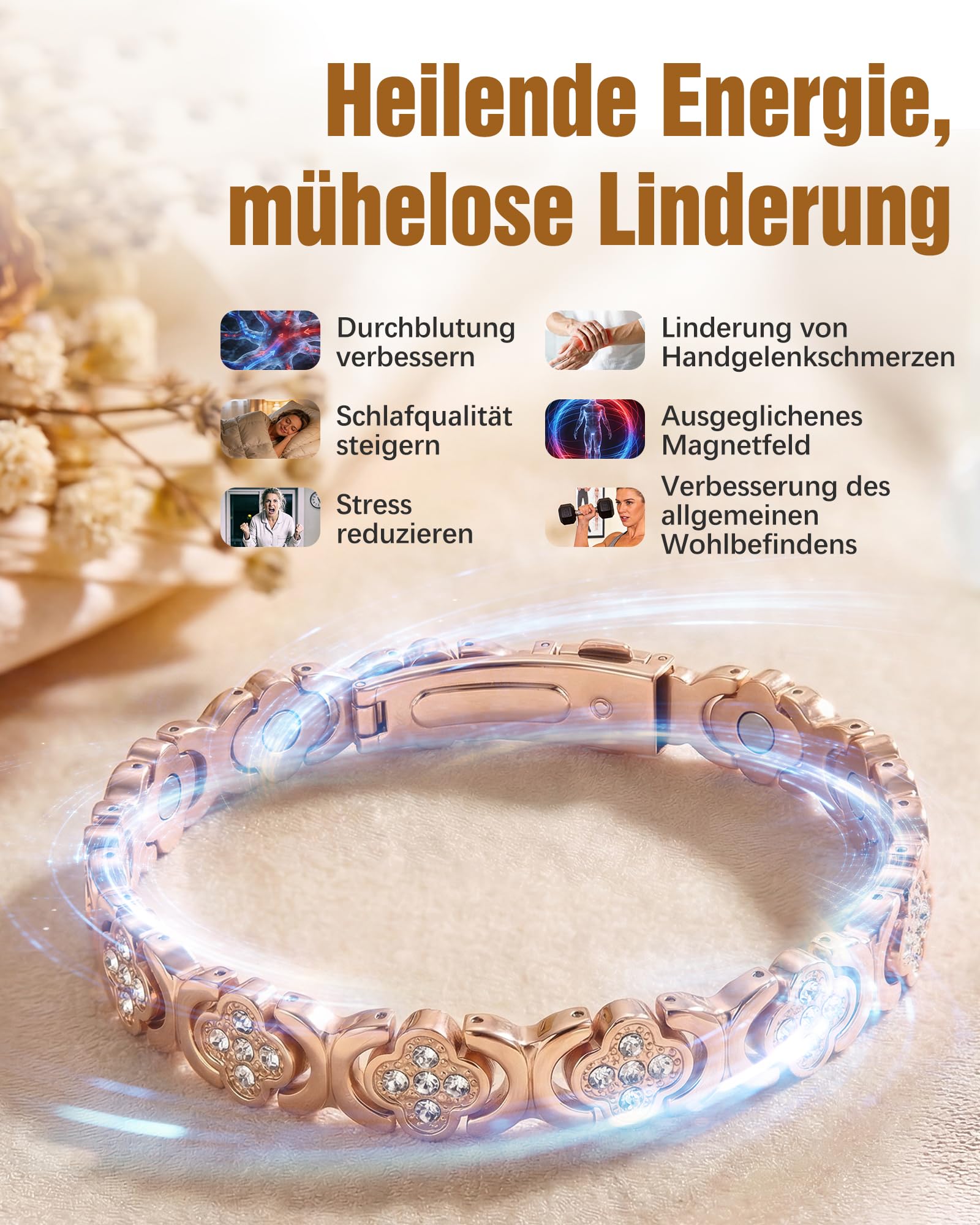 Jeracol Kupferarmband Damen und Magnetfeldtherapie Ring, gefertigt aus 99% reinem Kupfer, mit eingelegten Neodym-Magneten und funkelnden Zirkonia-Steinen, verstellbares Magnetarmband