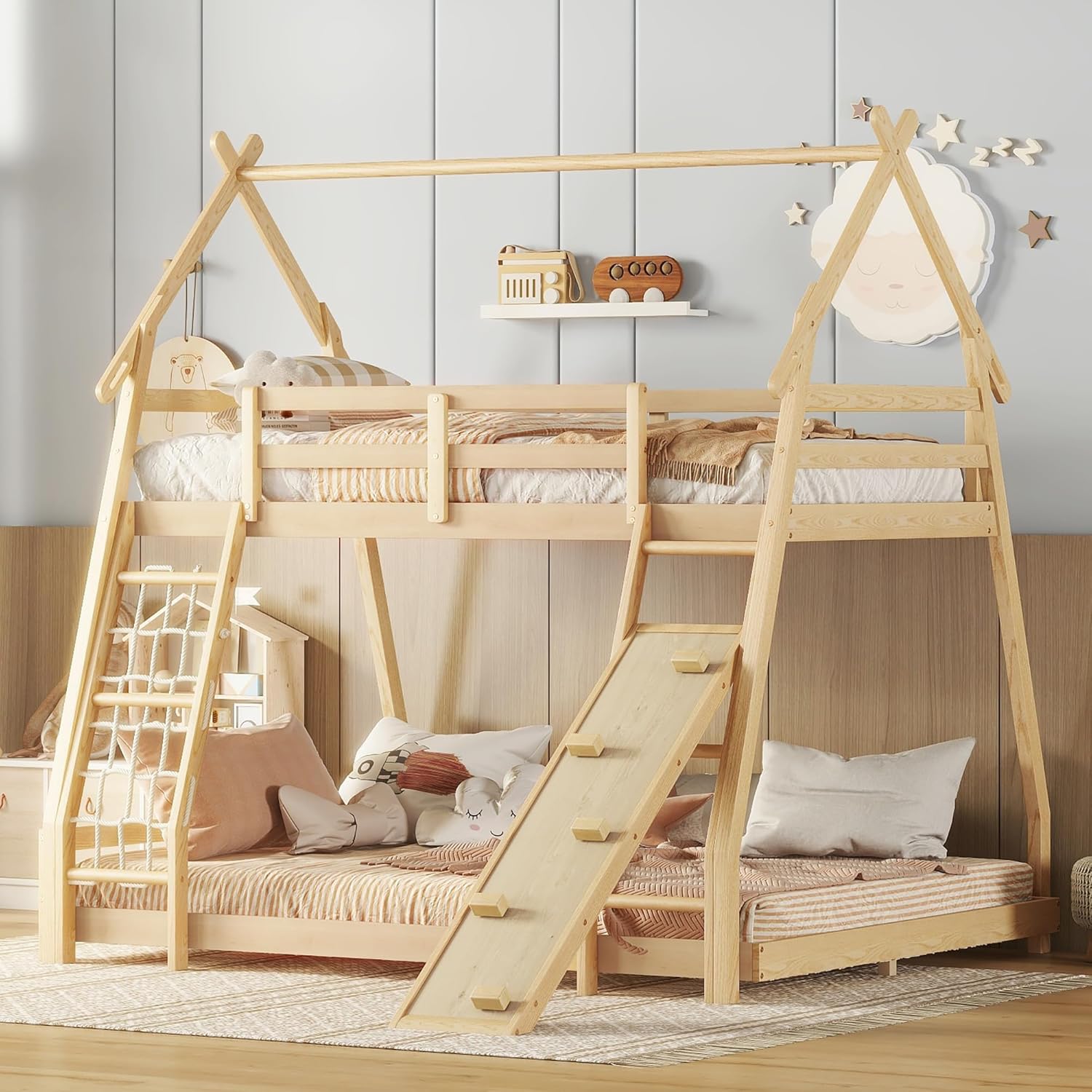 SOFTSEA Twin Over Queen House Bunk Bed with Climbing Nets and Ramp Solid Wood Low Bunk Beds Frame for 2 Kids, Playhouse Design, No Box Spring Needed(Natural)