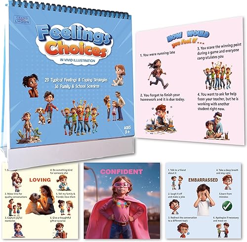 20 emociones típicas estados de ánimo y 36 escenarios escolares familiares, habilidades de afrontamiento, inteligencia emocional, colorido, gráfico