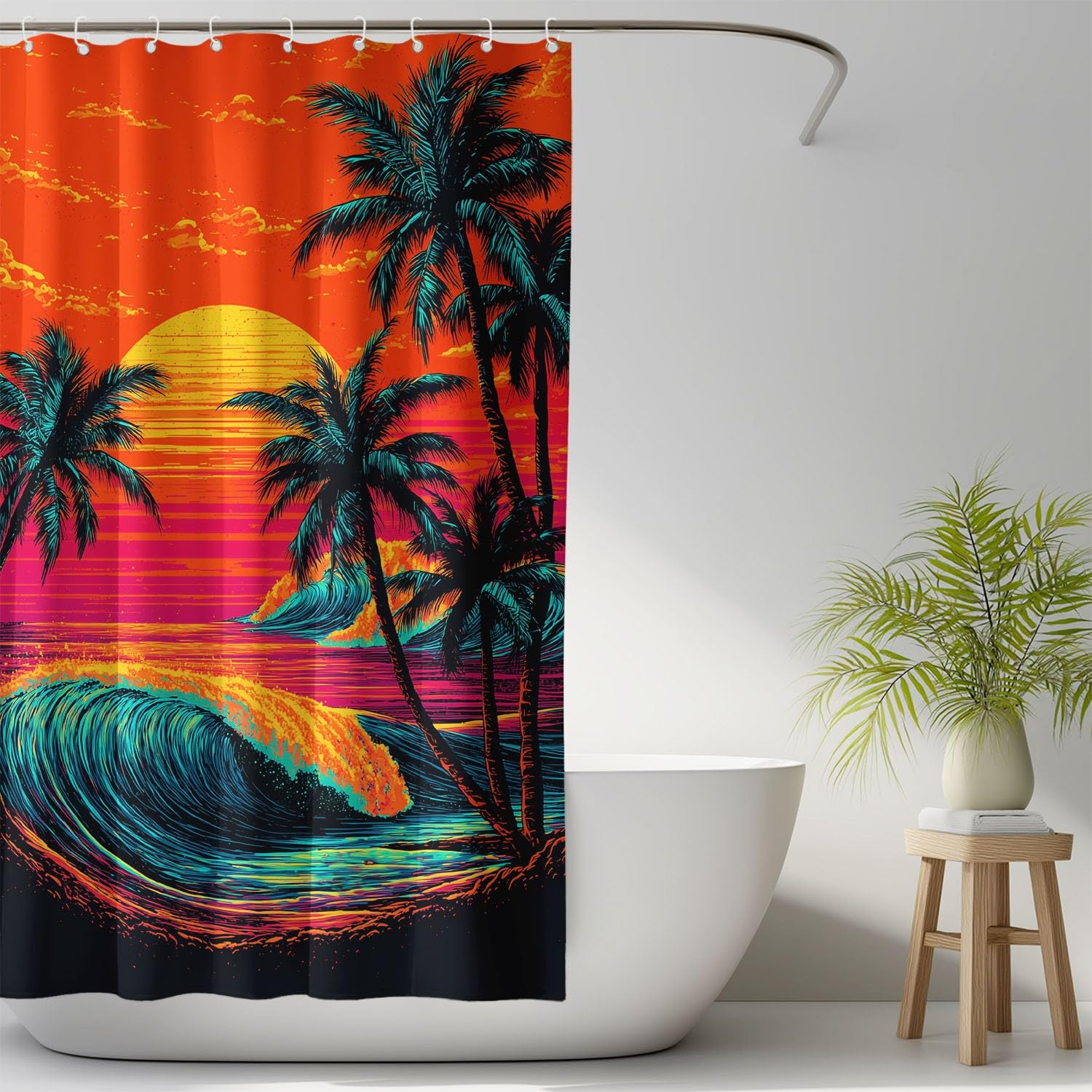 Generico Arancione Tende da Doccia 240 x 200 cm Vintage Fantasia Natura Paesaggio Tenda da Doccia Impermeabile Lavabile in Poliestere con Ganci per Bagno, Vasca da Bagno