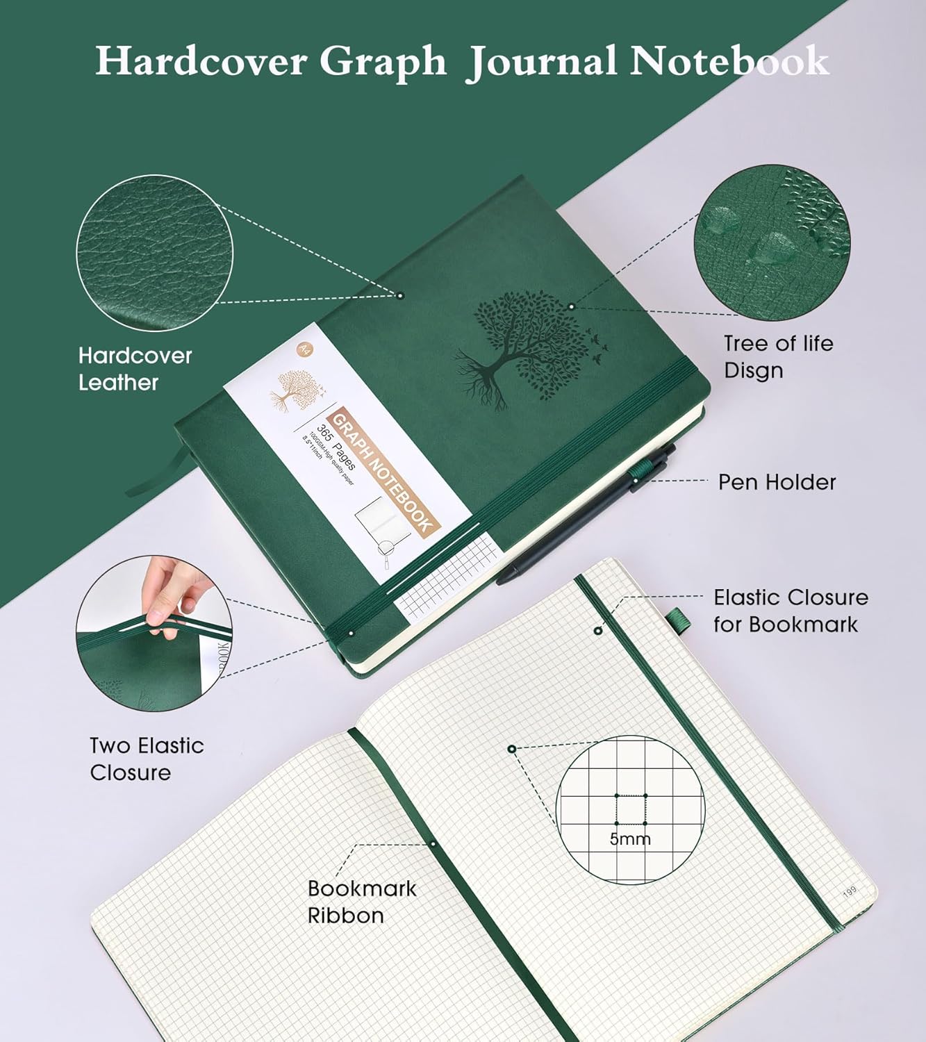 Ansopu Graph Paper Notebook Journal, 360 Numbered Pages Grid Notebooks 8.5 x 11, Thick 100gsm Paper Graphing Notebook Journals for Women Men, A4 Large Hardcover Graph Leather Notebook Green