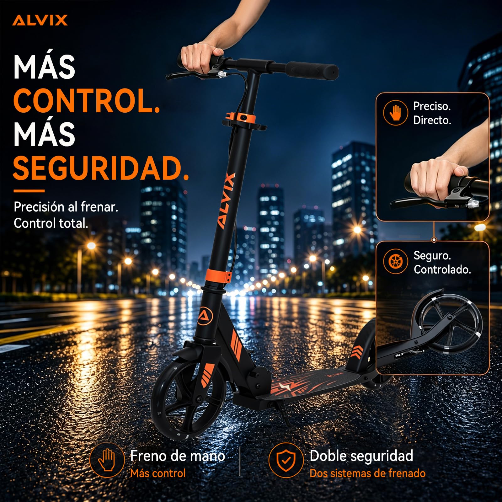 ALVIX Patinete infantil con freno de mano y ruedas LED, altura regulable a partir de 6 años, ruedas de 200 mm, patinete plegable con correa, plataforma ancha, hasta 100 kg