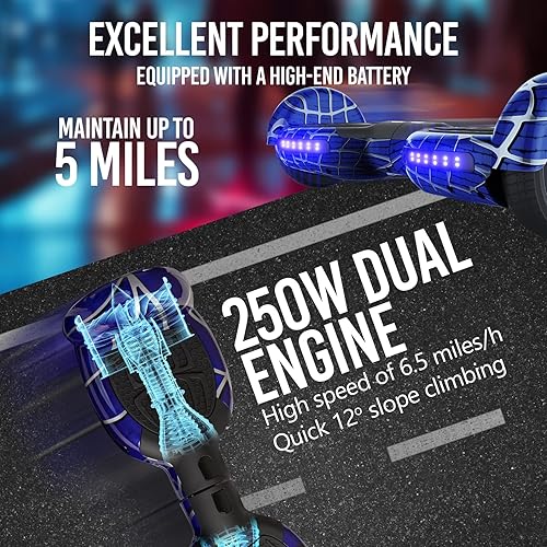 Miniatura 4 de Aeropatineta con patrón de araña para niños de 6 a 12 años, con altavoz Bluetooth y luces LED, aeropatineta de 6.5 pulgadas, certificado de