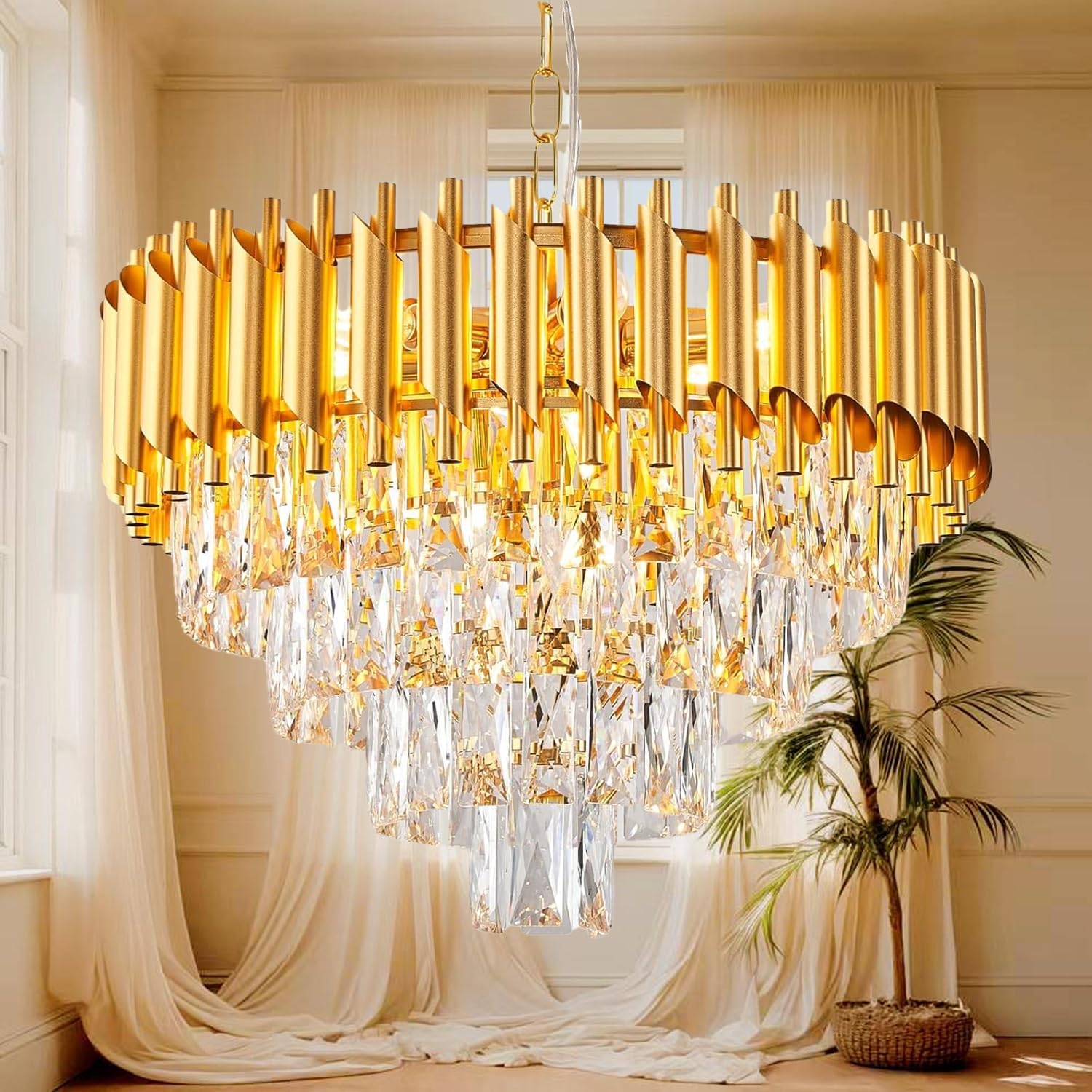 MSSIAN Gold Modern Crystal Chandeliers 4-Tier K9 Round Crystal Light Fixture Small Gold Chandeliers Ceiling Light Fixture for Dining Room Living Room Bedroom Entryway E14*7Light