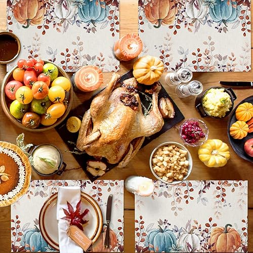 Miniatura 6 de Chic Juego de 6 manteles individuales de calabaza con camino de mesa de 72 pulgadas de largo, lino y algodón, arpillera, cocina, comedor, manteles