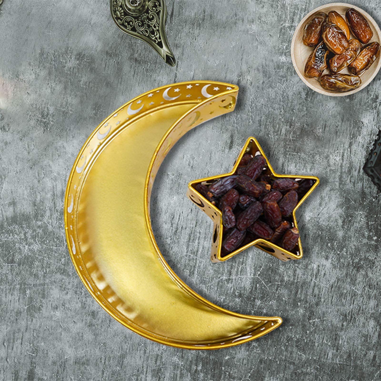 Eid Mubarak Moon Star Tray, Ramadan Decoration Ramadan Trays, Muslim Wooden Plate Tray Moon Star Shaped Food Fruit Serving Tray, Eid Mubarak Dessert Tray for Ramadan Festival Party(Golden A1)