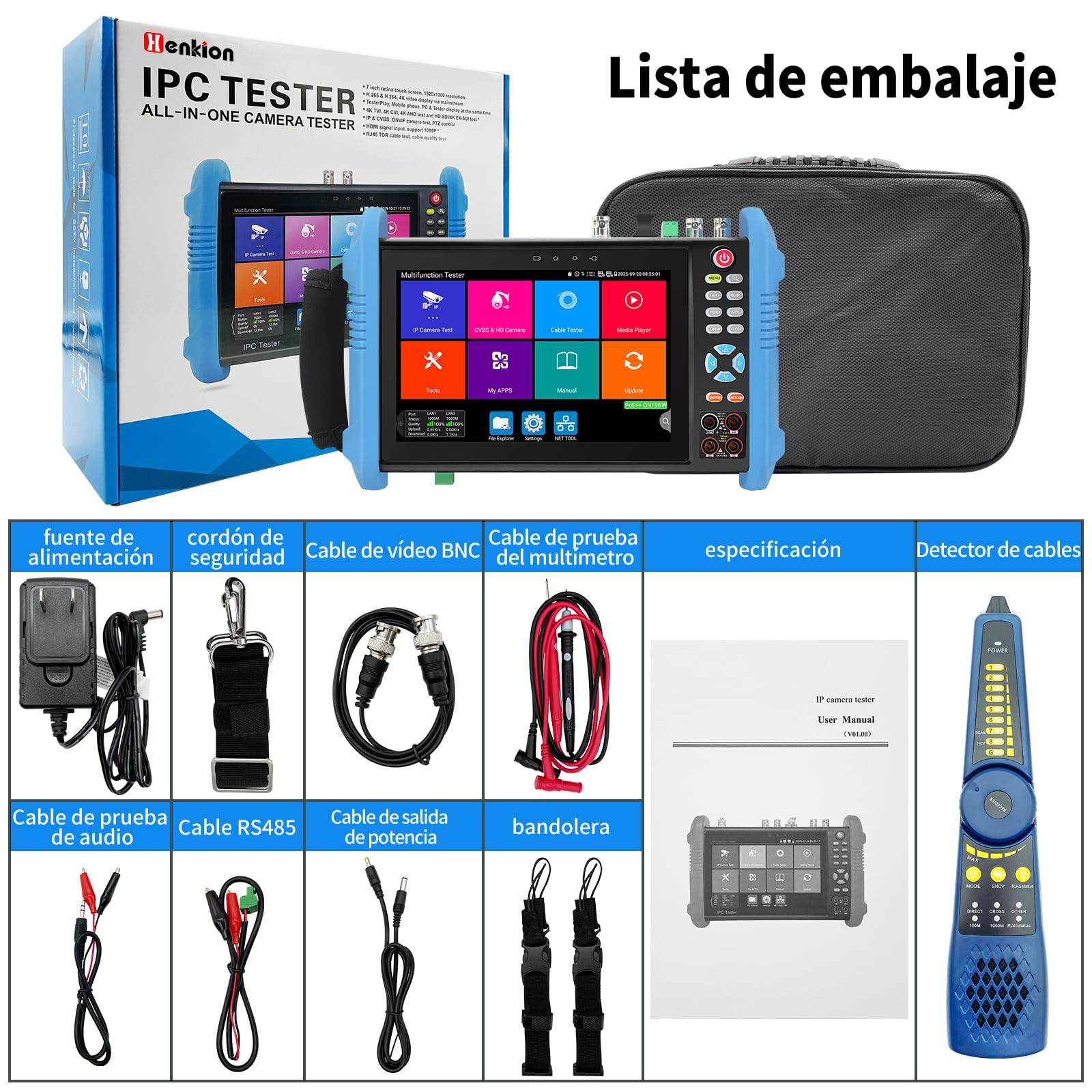 Henkion Tester Probador de CCTV IPC-9800CMADHS Pro, Pantalla Táctil IPS de 7 Pulgadas, Prueba IPC 8K y CCTV 4K 8MP HD-TVI CVI AHD SDI, Multímetro, RJ45, Probador de Cables PoE HDMI VGA WiFi RS485