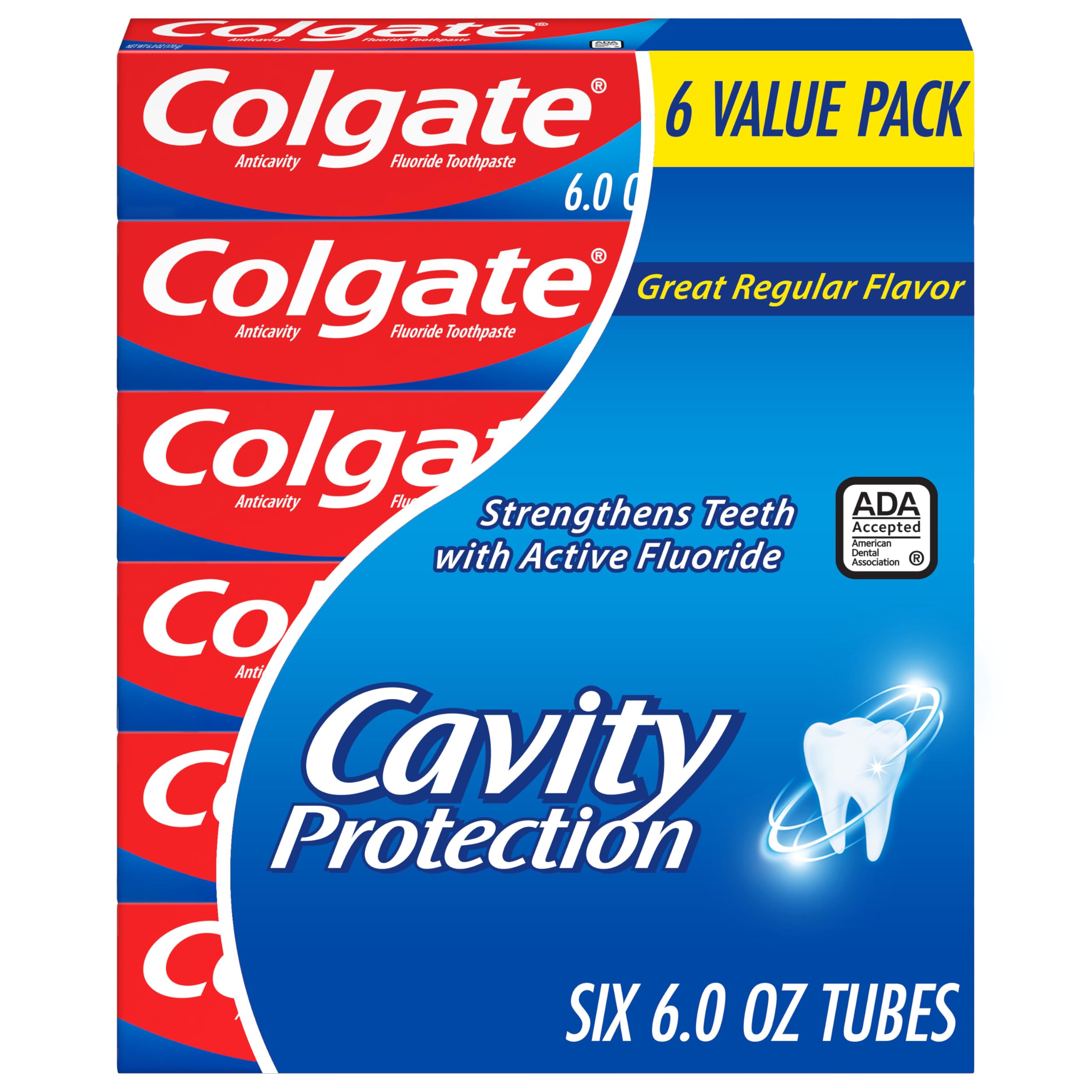 Colgate Cavity Protection Toothpaste with Fluoride, Minty Great Regular Flavor, Anti Cavity Toothpaste, 6 Pack, 6 Oz Tubes