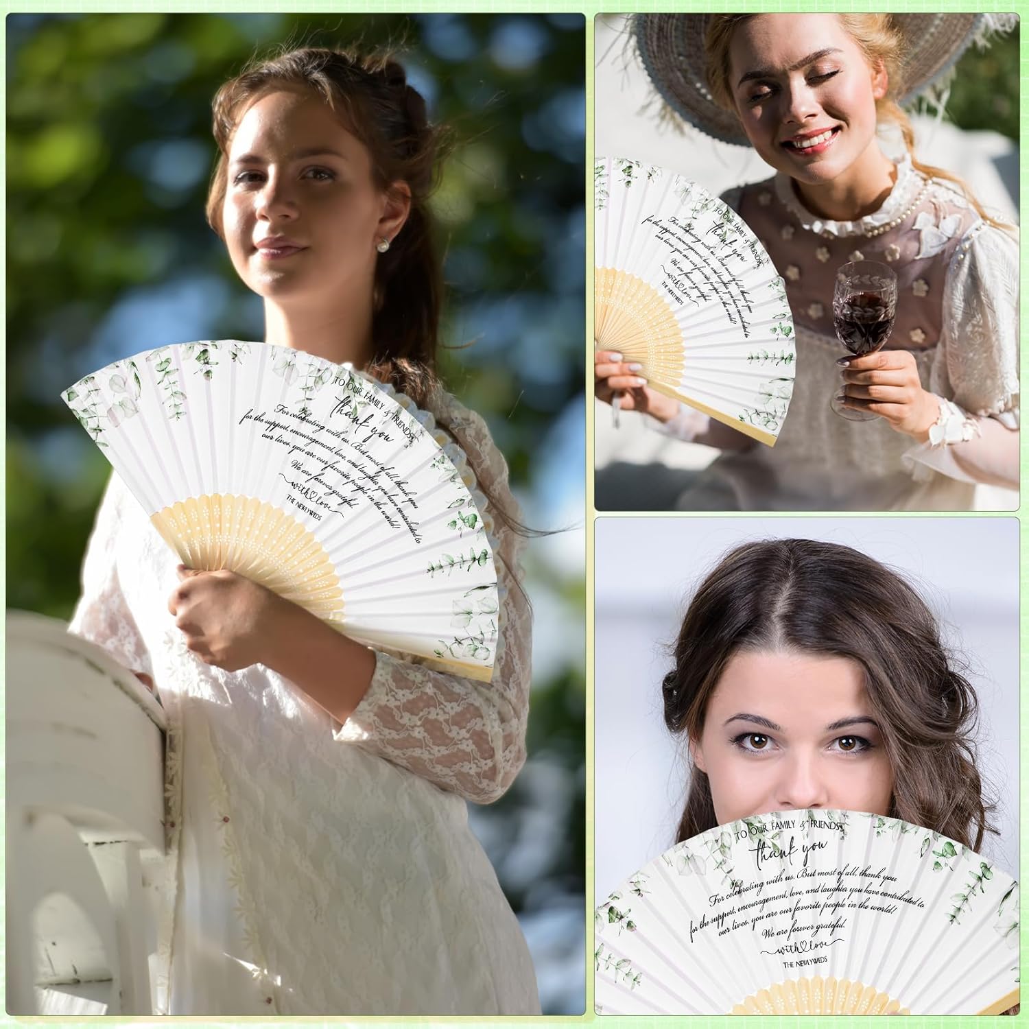 Unittype 60 Pcs Folding Hand Fans Bulk for Guests Silk Bamboo Folded Handheld Fans Decorative for Bridal Shower Favors Wedding Party Supplies Family Friends Thank You Gifts(White Green,Wedding)