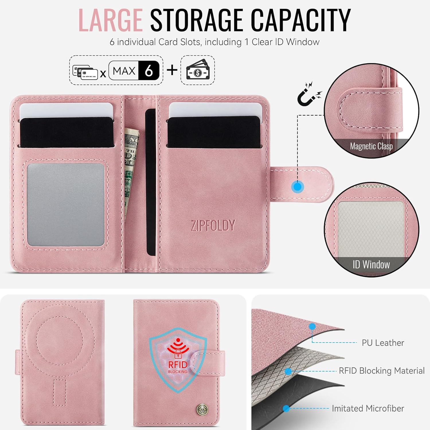 for Magsafe Wallet, Magnetic Phone Wallet with RFID Blocking 6-Card Holder for Men Women Minimalist Slim PU Leather Kickstand for iPhone 17 Air 16 15 14 13 12 Pro Max Plus, Vintage Pink - Image 3
