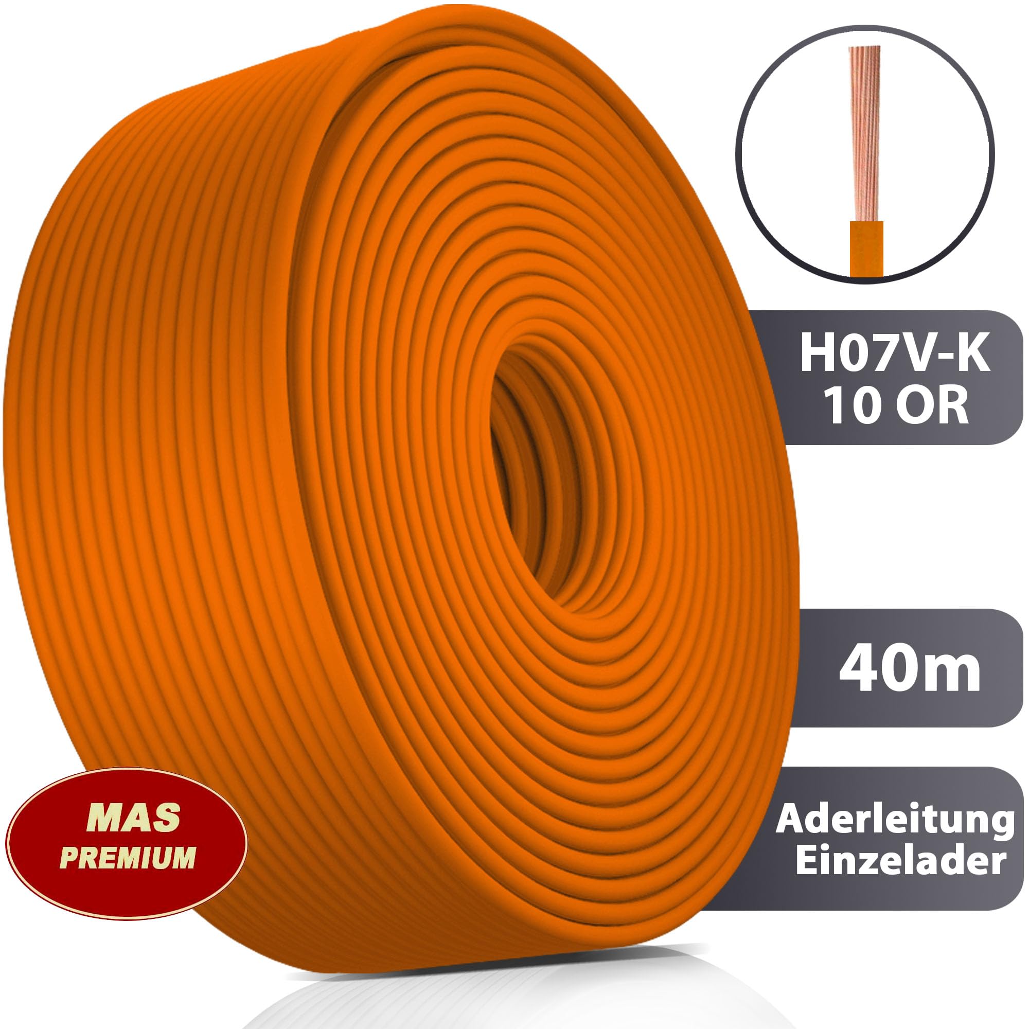 MAS Premium Przewód żyłowy od 5 do 100 m H07 V-K 10 mm², czarny, brązowy, ciemnoniebieski, zielony, jasnoniebieski, szary, pomarańczowy lub czerwony, elastyczny (pomarańczowy, 40 m)