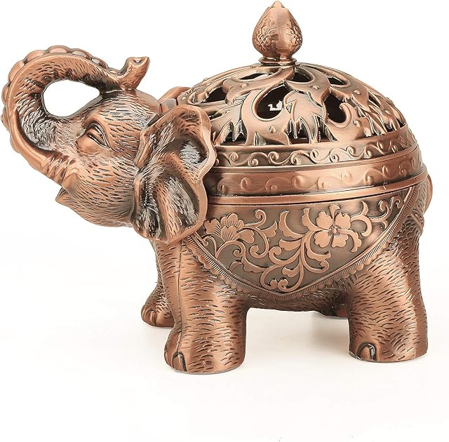 Alloy Incense Holder Stand Elephant Cone Coil Incense Burner Ash Catcher with Lid, Aromatherapy Ornament Home Decoration for Indoor Outdoor Office (Red Copper)
