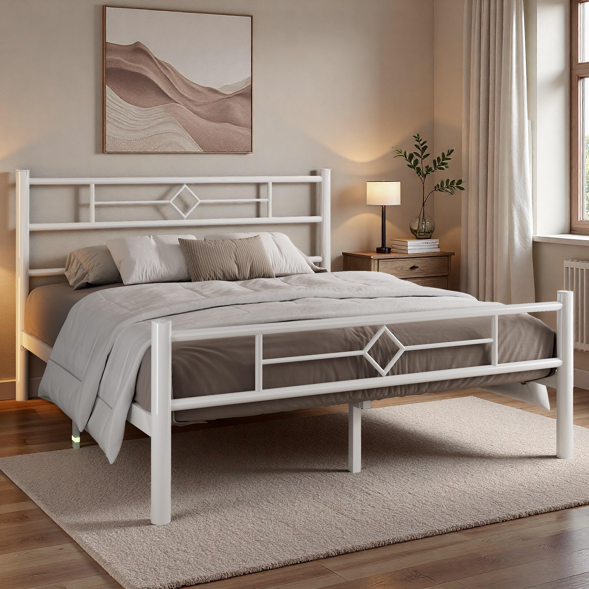 Feonase Double Bed Frame 4ft with Headboard & Footboard, Metal Bed Frame Double bed with Heavy Duty Metal Slat Support, Ample Under-bed Storage, Easy Assembly,White