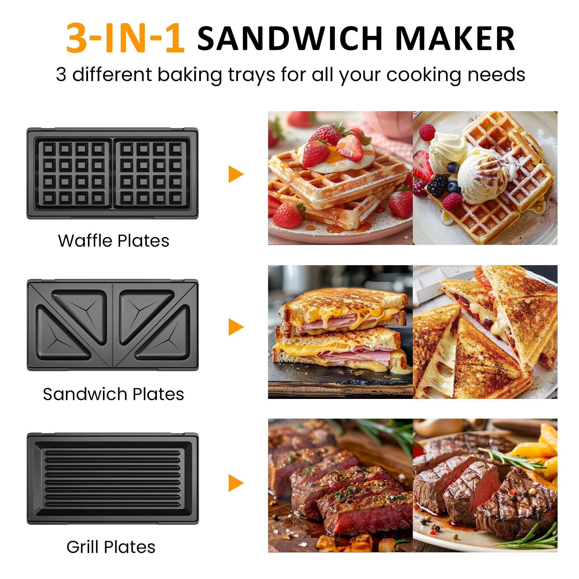 3 in 1 Electric Sandwich Maker, Panini Press Grill and Waffle Iron Set, Grill and Sandwich Press with Removable Non-Stick Plates, Indicator Lights & Cool Touch Handle, 750W, Black