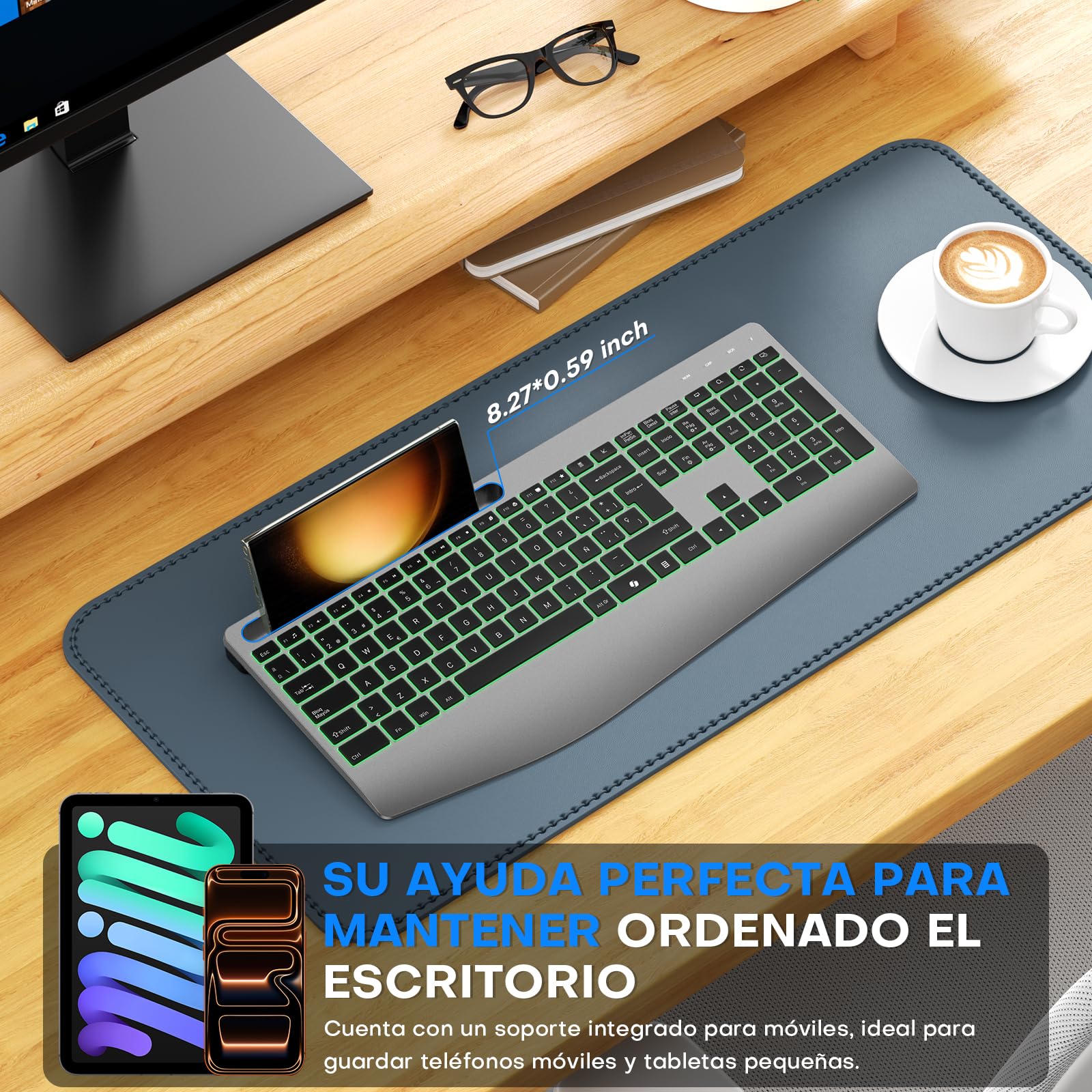OMOTON Teclado Inalámbrico Ergonómico Reposamuñecas QWERTY Español 2,4G | Recargable, Teclado Silencioso, 7 colores retroiluminación, Soporte móvil, Oficina estudio, para Windows y Linux