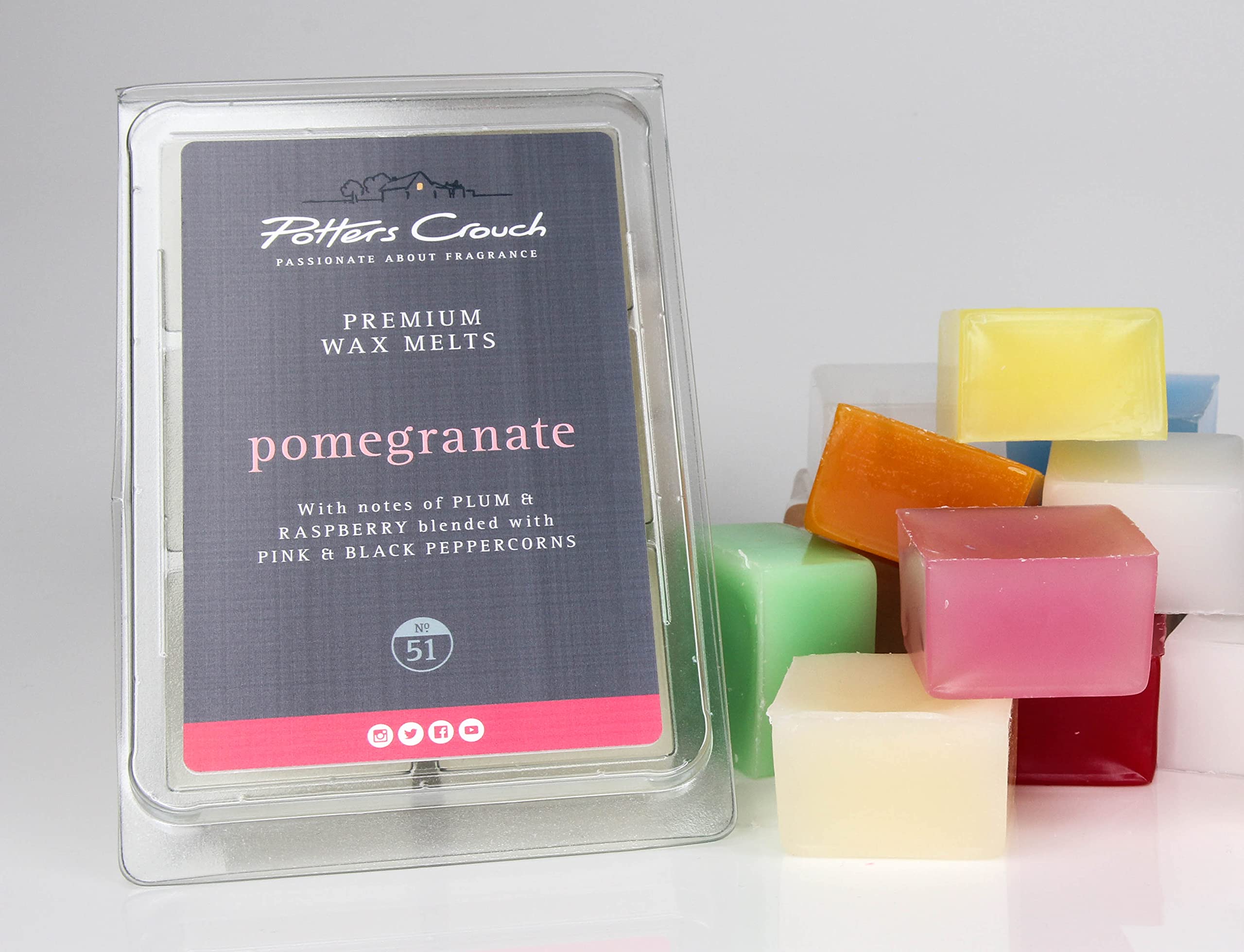 Potters Crouch Pomegranate No.51 Wax Melts - Vegan - Highly Scented Wax Cubes for Candle Electic Wax Warmer, Wax Melt Burners, 6 x 22g