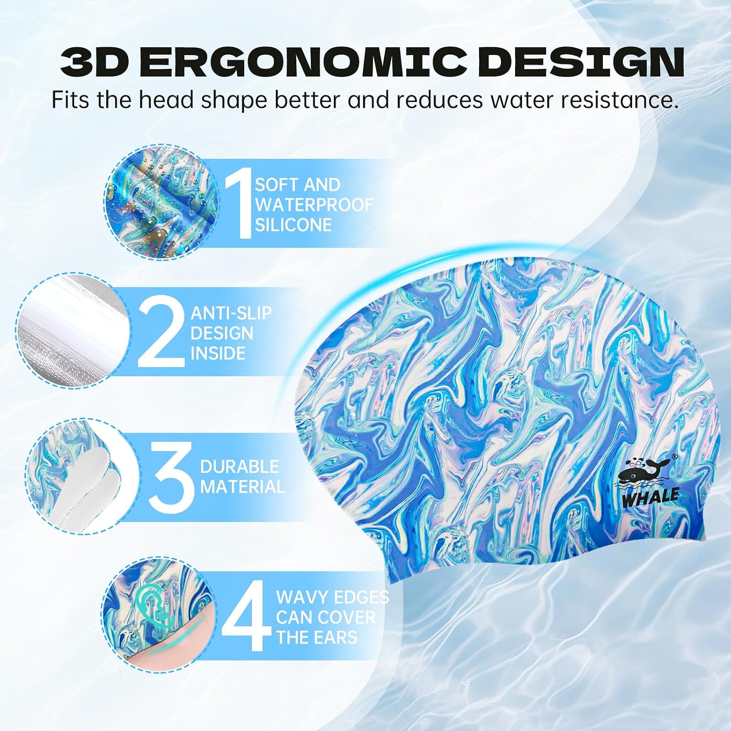 WHALE Extra Large Swim Cap Designed for Men and Women with Thick, Long Hair, Hair Extensions Or Afro-Textured Hair Long-Hair Swim Cap Highly Waterproof to Keep Hair Dry