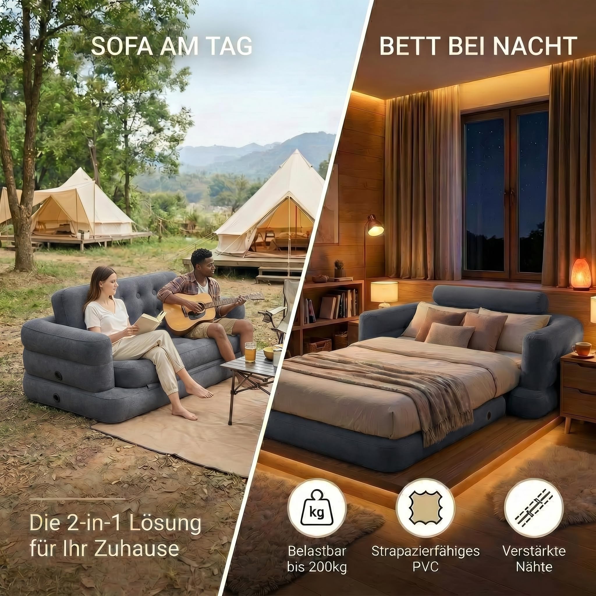 Naturiz® Pull Out Sofa 165x220cm - Camping Sofa mit Bettfunktion - Gästebett 2 Personen - Aufblasbares Sofa mit Tragetasche - kleines Mini Sofa, Mini Couch, Luftsofa (Grau, mit Pumpe)