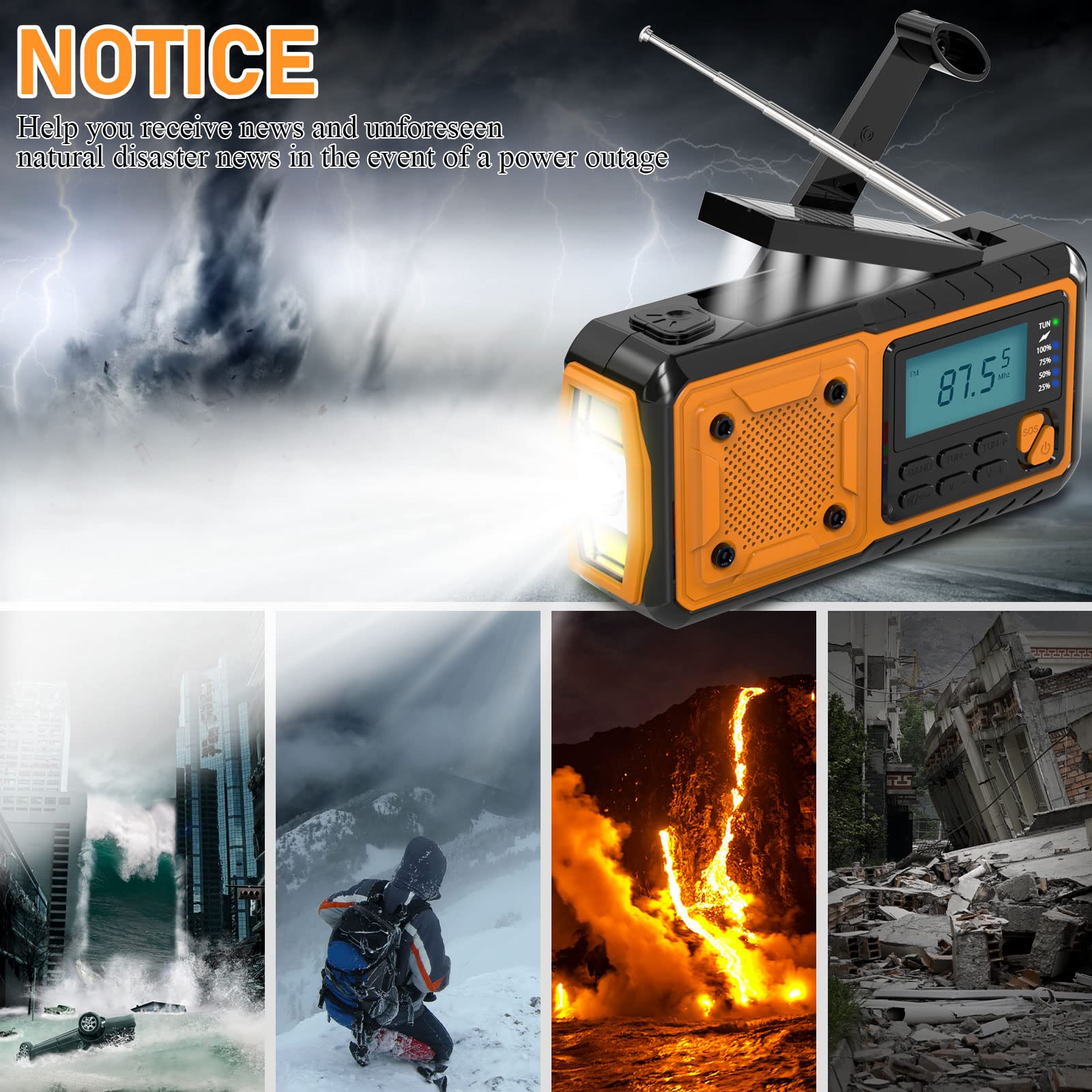 Tendak Radio korbowe z funkcją ładowania telefonu komórkowego, radio awaryjne FM AM SW o pojemności 4000 mAh, możliwość ponownego ładowania, alarm SOS, latarka i lampka do czytania, radio solarne na