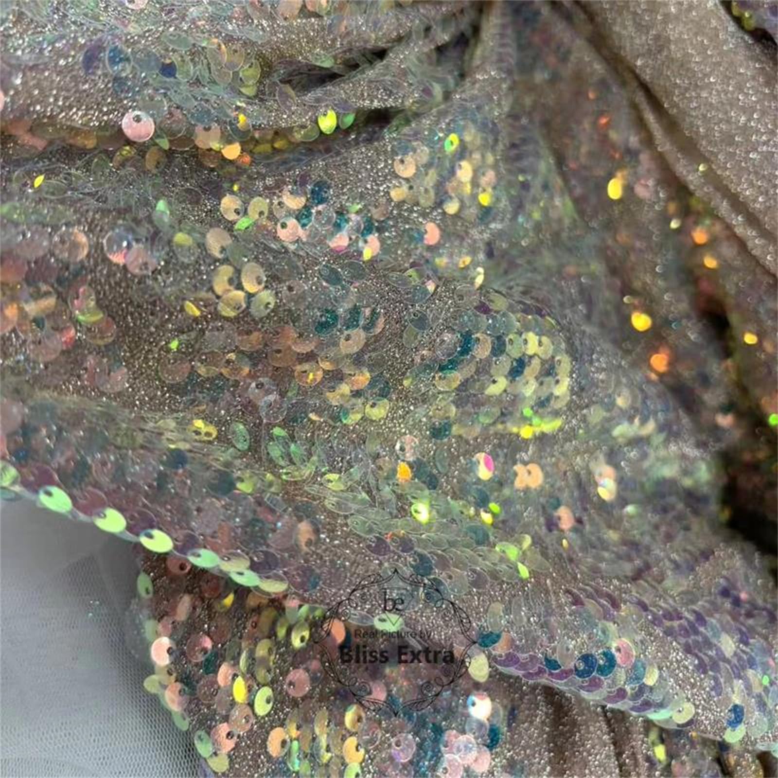 Tessuto di Pizzo con Paillettes Arcobaleno di Larghezza 1,4 m, Maglia Scintillante Iridescente for Decorazioni for la tavola, Costumi di Scena, Abiti da Ballo(Rose Gold,Length 5Meters)