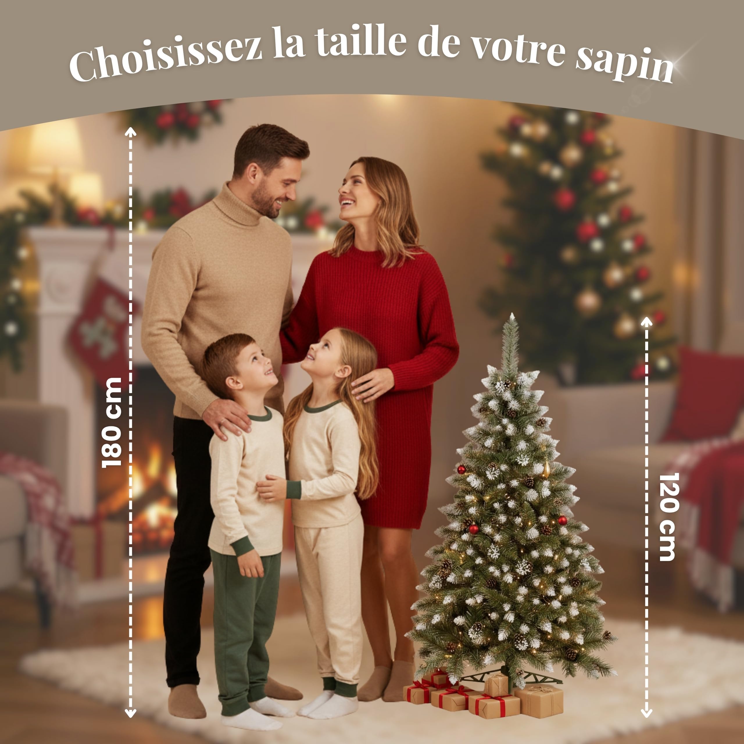 SPRINGOS Sapin de Noël artificiel en pin diamanté, neige artificielle, véritables cônes, 120 cm