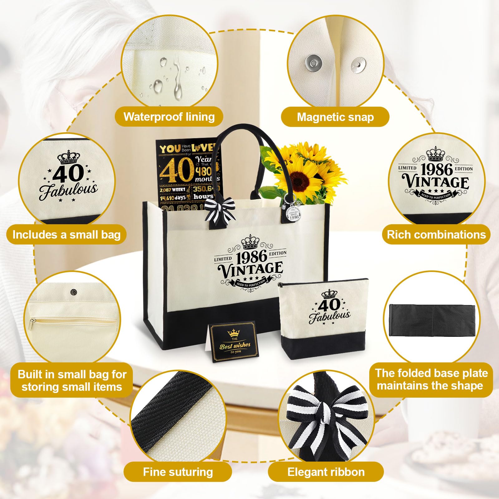 Cadeau ans femme Ensemble vintage sac cabas en toile imperméable trousse carte de vœux et porte-clés Cadeau souvenir durable et réutilisable pour maman amie ou épouse