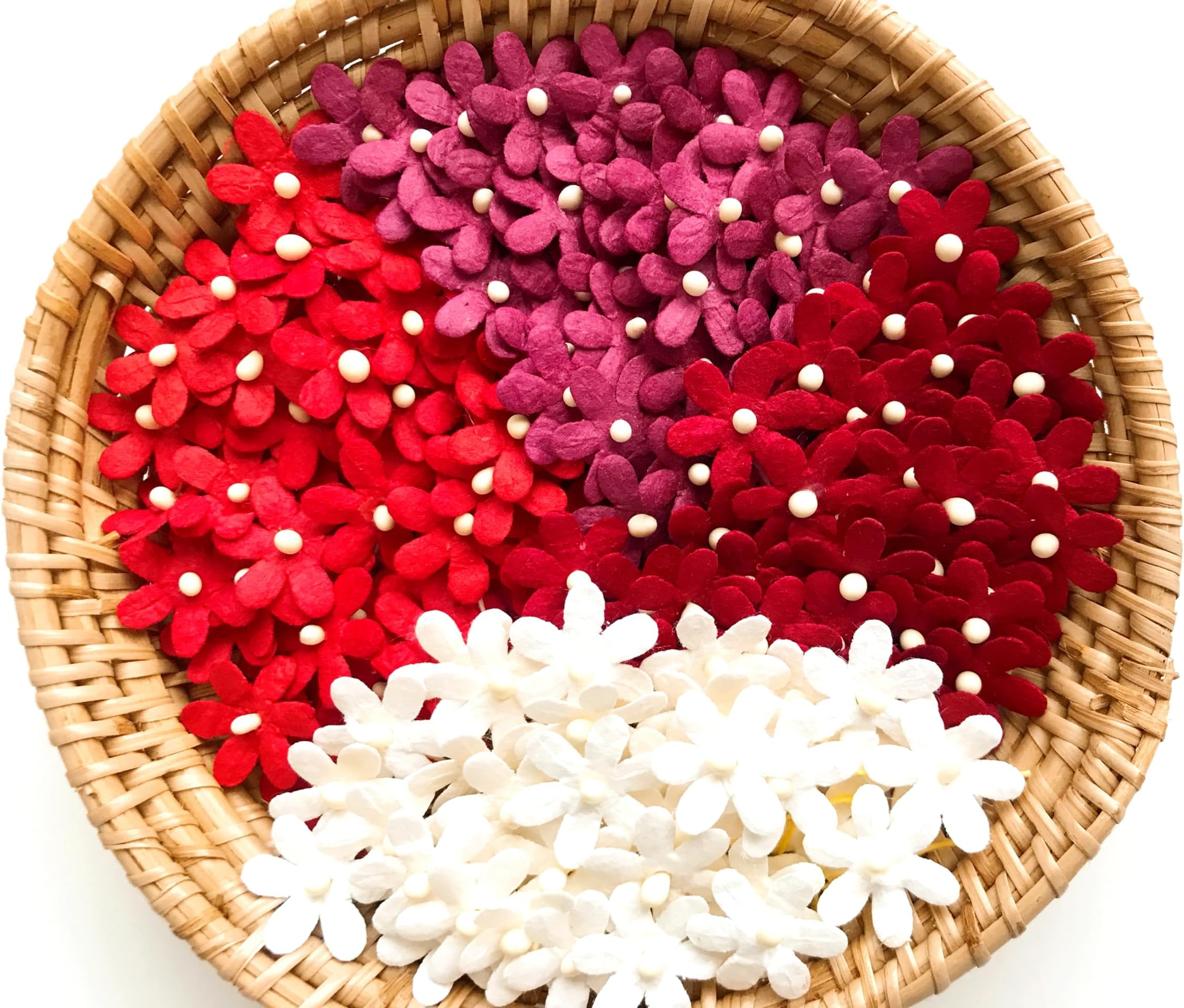 TH Set of 50 Tiny Flower Mixed Tone Red White Embellishment with Thread stem Mulberry Paper Flower Size 0.45"" Very Small Red1 Craft Handmade DIY Scrapbook for so Many Card Craft Projects, MRA1-1