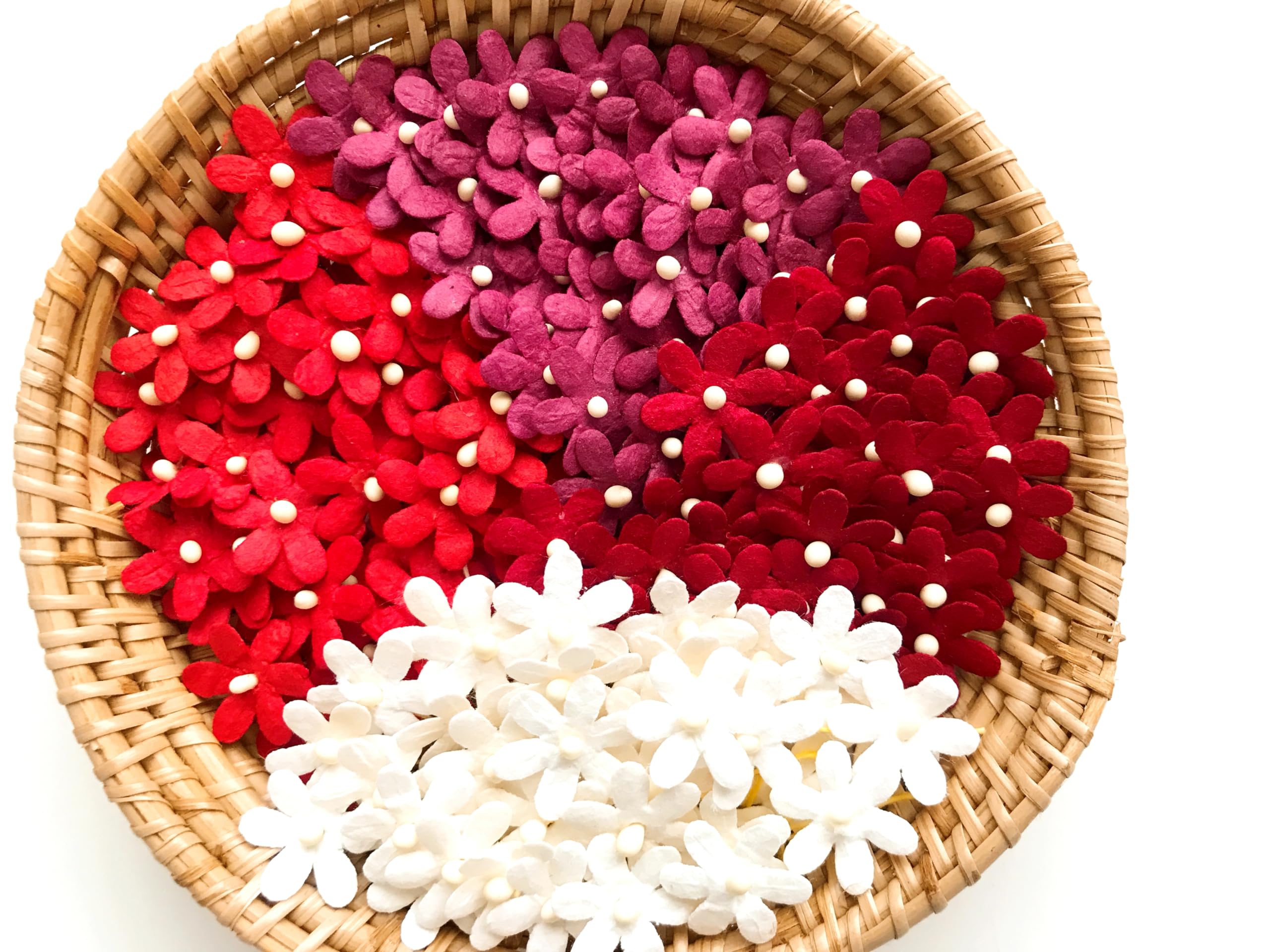 TH Set of 50 Tiny Flower Mixed Tone Red White Embellishment with Thread stem Mulberry Paper Flower Size 0.45"" Very Small Red1 Craft Handmade DIY Scrapbook for so Many Card Craft Projects, MRA1-1