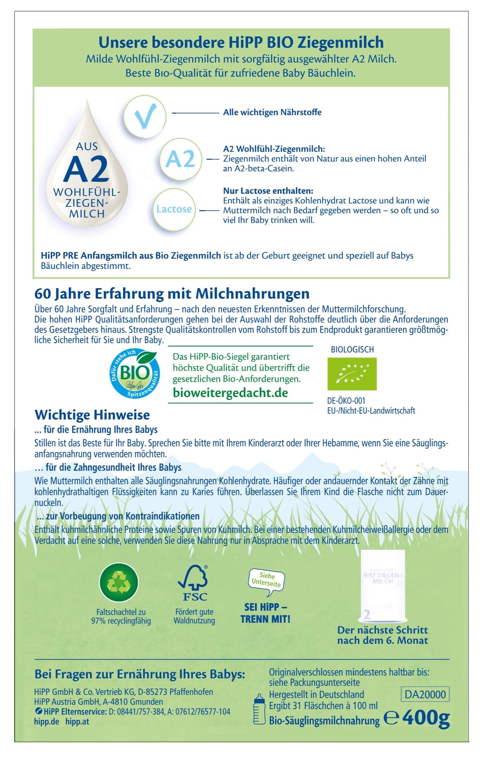 HiPP PRE Anfangsmilch Bio Ziegenmilch 5 x 400g von Geburt an GOS Lactose A2-beta-Casein