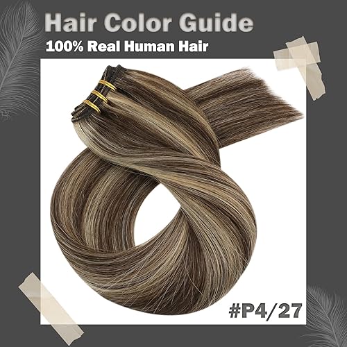 Miniatura 8 de Moresoo Extensiones cosidas de cabello humano real Remy, con doble trama, con reflejos, castaño oscuro con rubio caramelo, 22 pulgadas, 3.53 oz