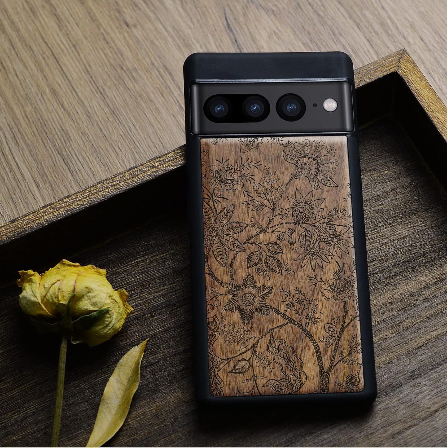 Carveit Wood Case for Pixel 7 Pro Case [Natural Wood & Black Soft TPU] Shockproof Protective Unique & Classy Wooden Cover Compatible with Google Pixel 7 Pro (Floral Wallpaper-Walnut)