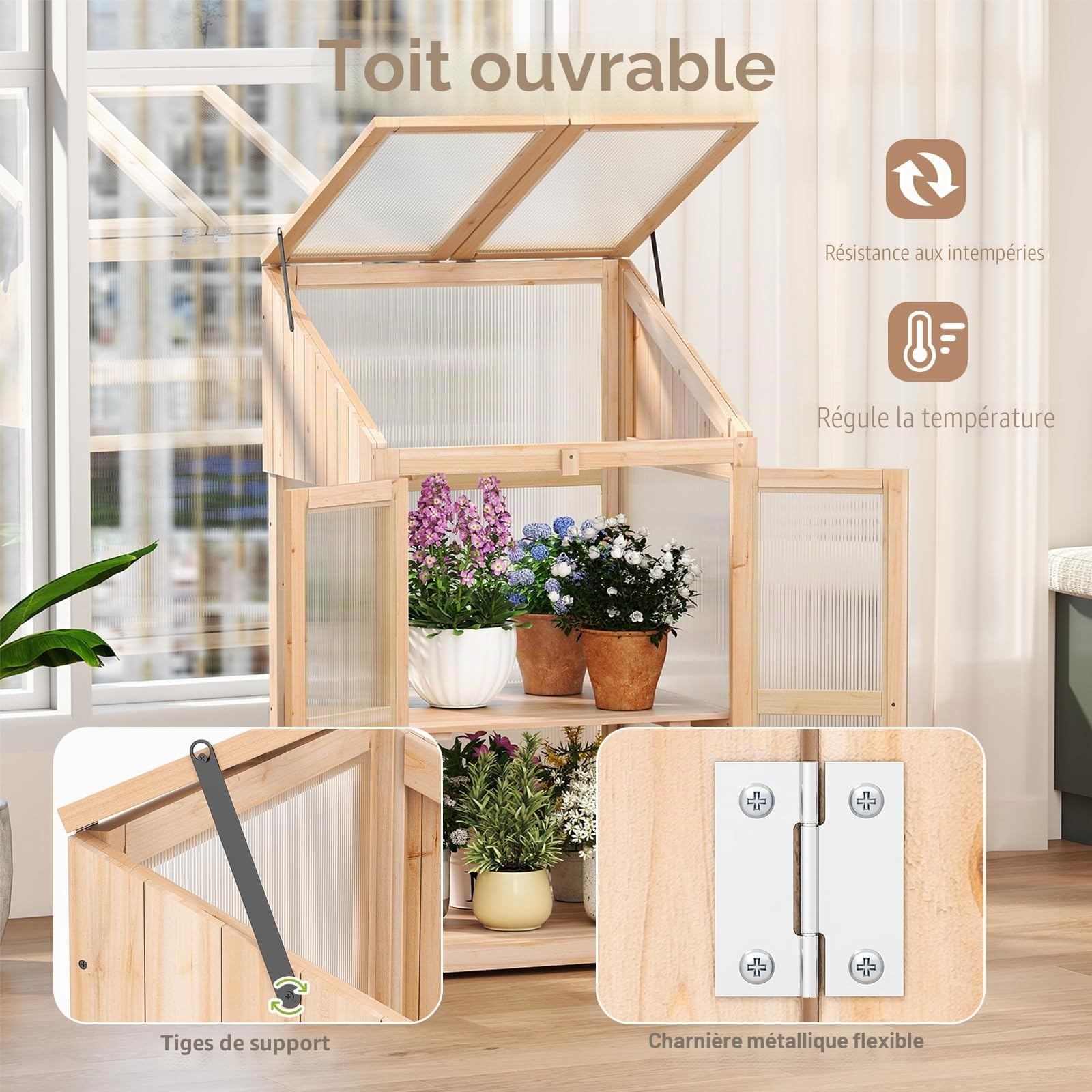 HOMASIS Serre de balcon en polycarbonate et verre, mini serre de jardin avec 2 étagères et portes, serre de terrasse en bois de sapin (naturel, 69 x 58 x 121 cm)