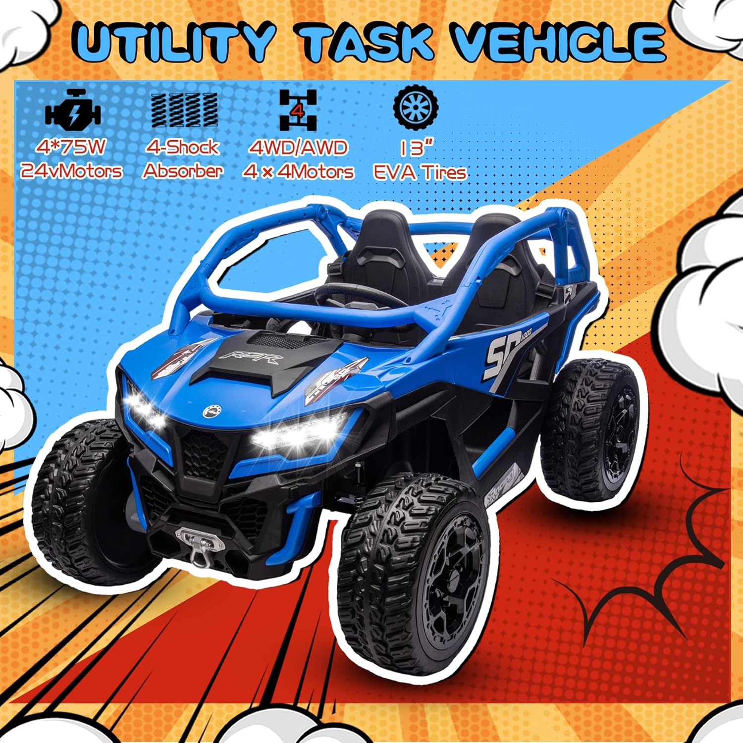 wanan XL 24V 10AH Ride on Toys for Big Kids Real 2-Seater, 4x4 4WD Motor Ride on Car Kid UTV for Kids 3-8, Remote Control, Bluetooth Music, 4 Spring Suspension, 22" Spacious Seats (Blue)